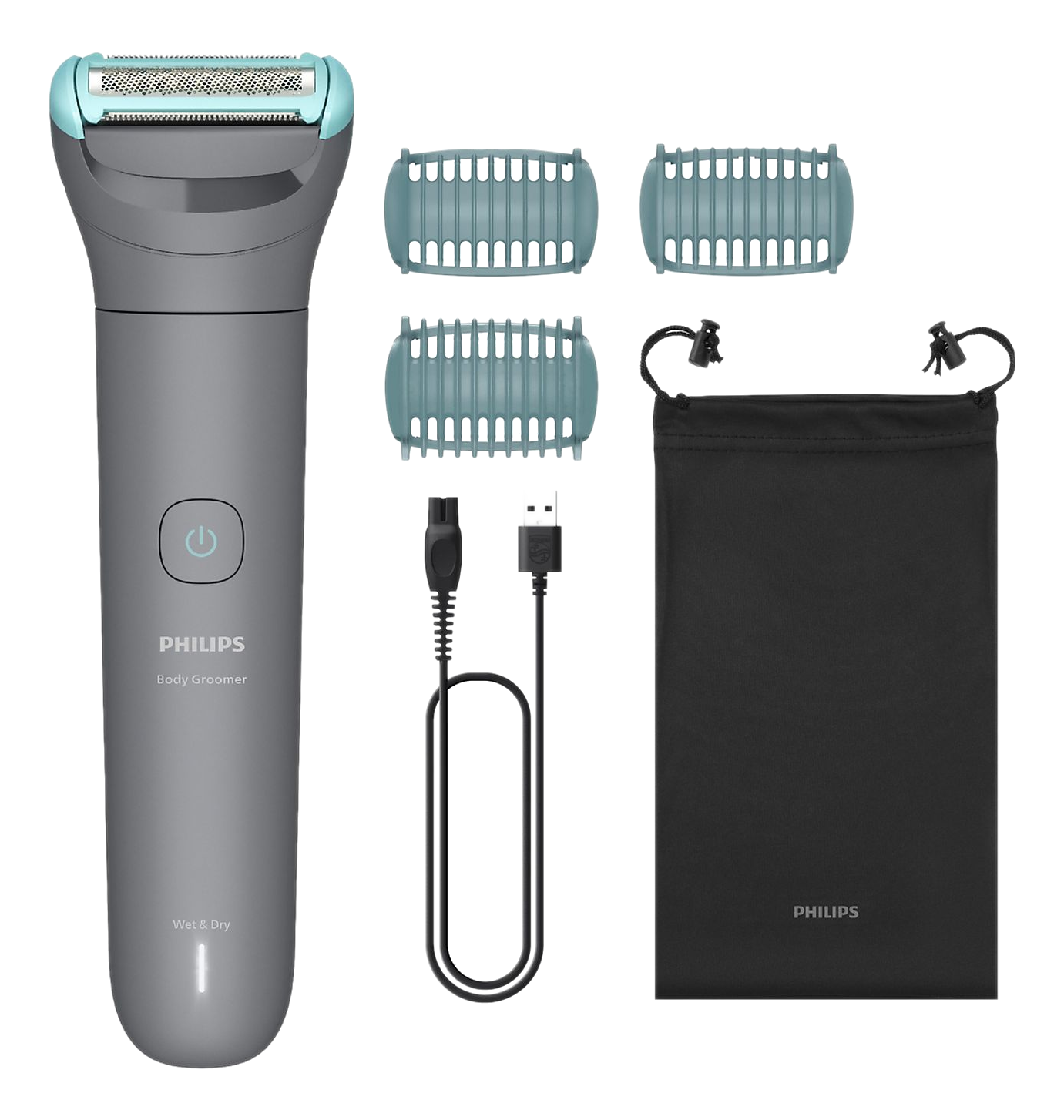 Philips Bodygroomer-Set auf Schwarz. Enthält Rasierer, drei blaue Klingenschutzvorrichtungen, Ladekabel und eine schwarze Aufbewahrungstasche.