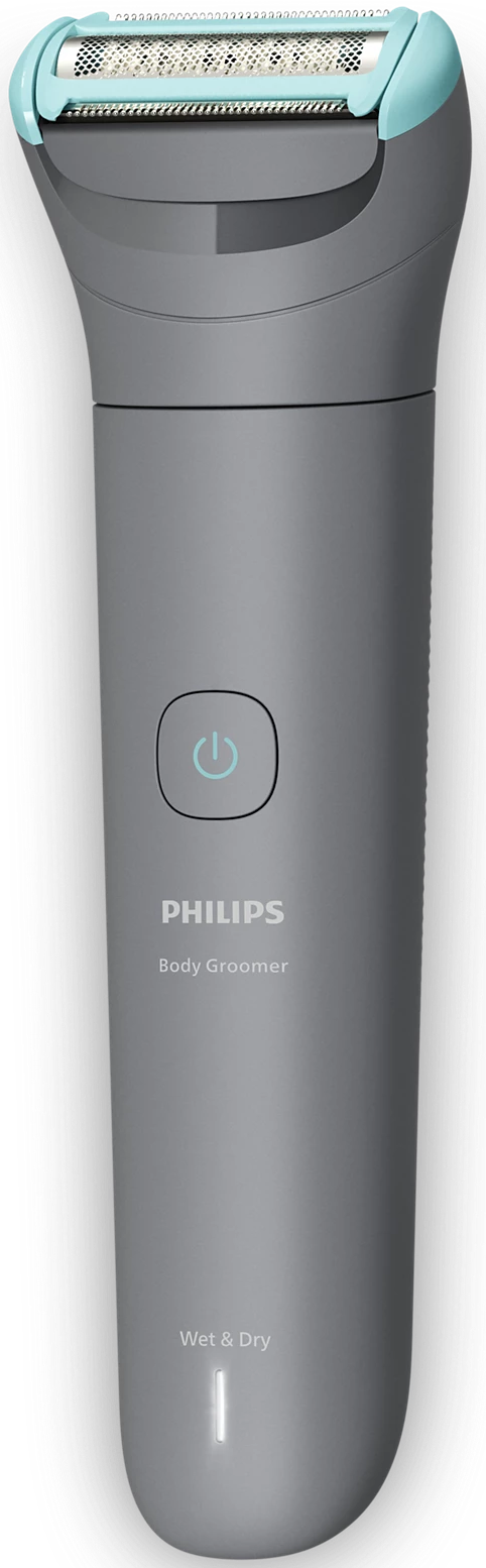 Grauer Philips Bodygroomer mit hellblauen Akzenten. Er hat einen Power-Knopf und den Text "Wet & Dry".