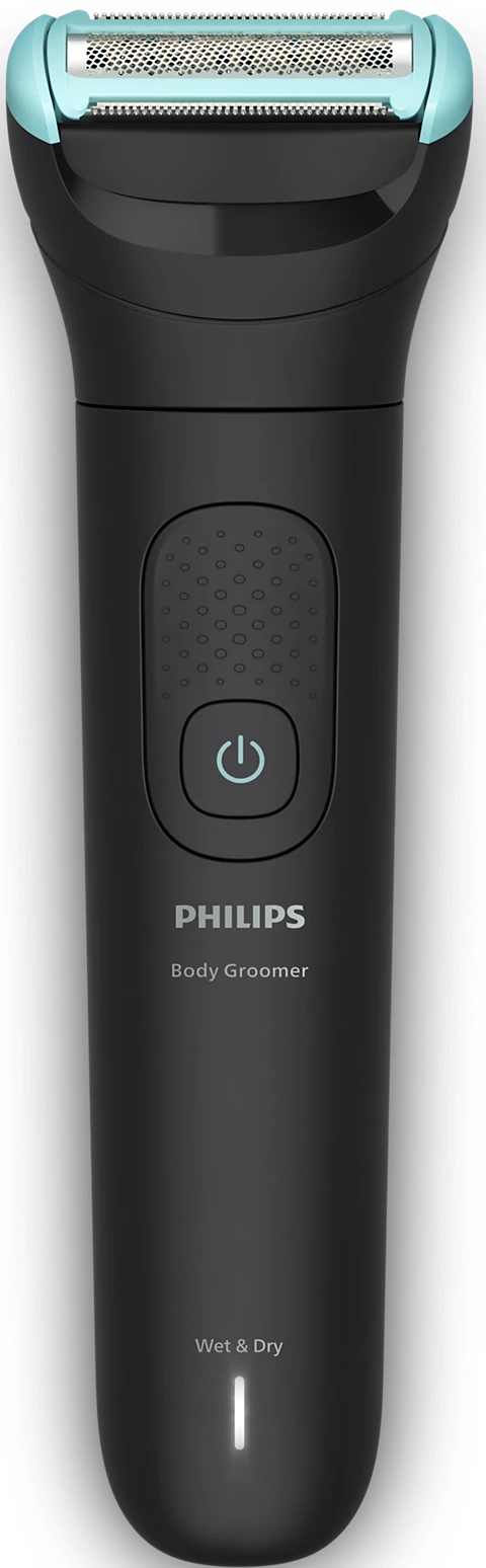 Schwarzer Philips Body Groomer. Er hat einen hellblauen Kopf, einen Ein-/Ausschalter und ist mit Wet & Dry beschriftet.