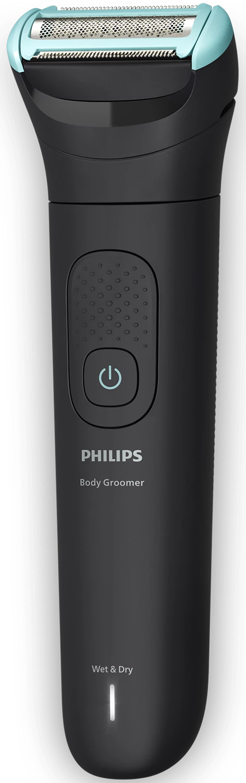 Ein schwarzer Philips Body Groomer. Zu den Merkmalen gehören ein Ein-/Ausschalter, die Aufschrift 'Wet & Dry' und eine Lichtanzeige.