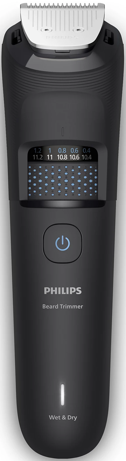 Regolabarba Philips nero. Ha una lama argentata e un display con impostazioni. L'etichetta Wet & Dry è visibile.