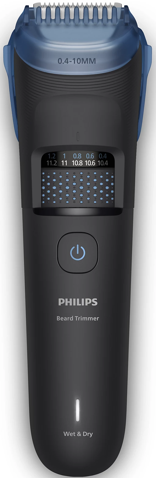 Tagliabarba Philips nero con dettagli blu. Presenta display impostazioni, pulsante di accensione ed etichetta Wet & Dry.