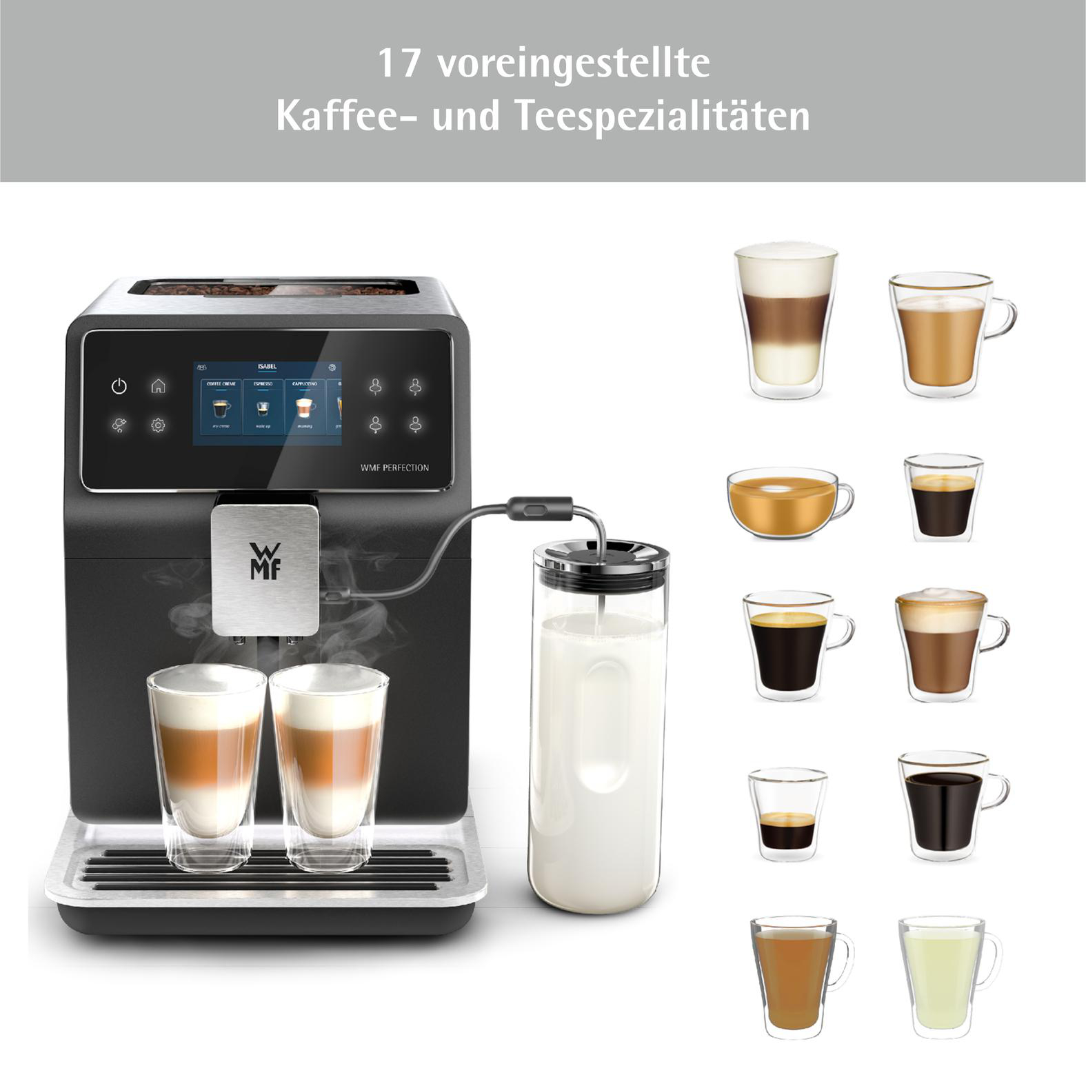 Eine Kaffeemaschine mit zwei Latte-Gläsern, einem Milchbehälter und verschiedenen Kaffeesorten in Gläsern auf weißem Untergrund.