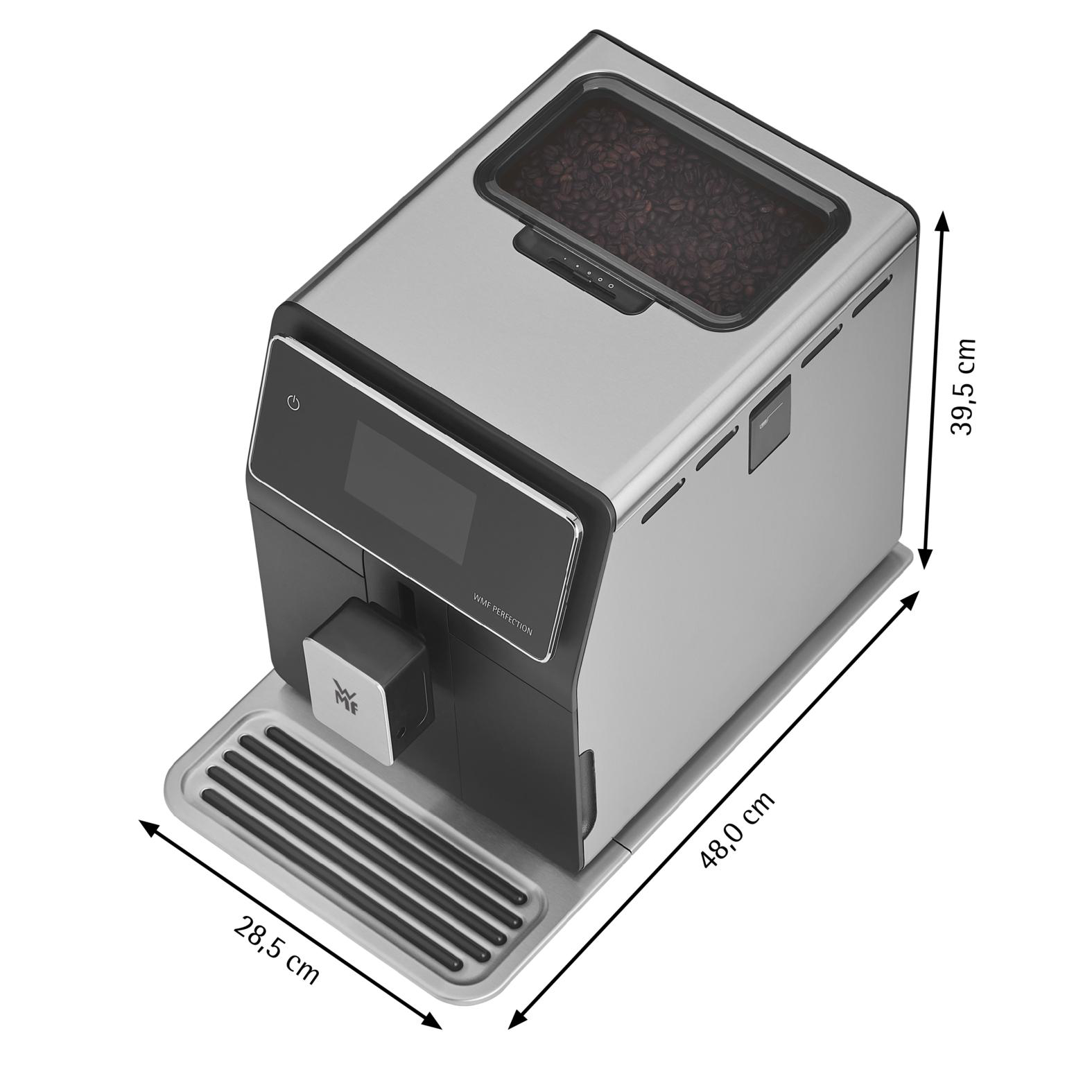Eine silberne und schwarze Kaffeemaschine mit Kaffeebohnen oben. Abmessungen sind angegeben.