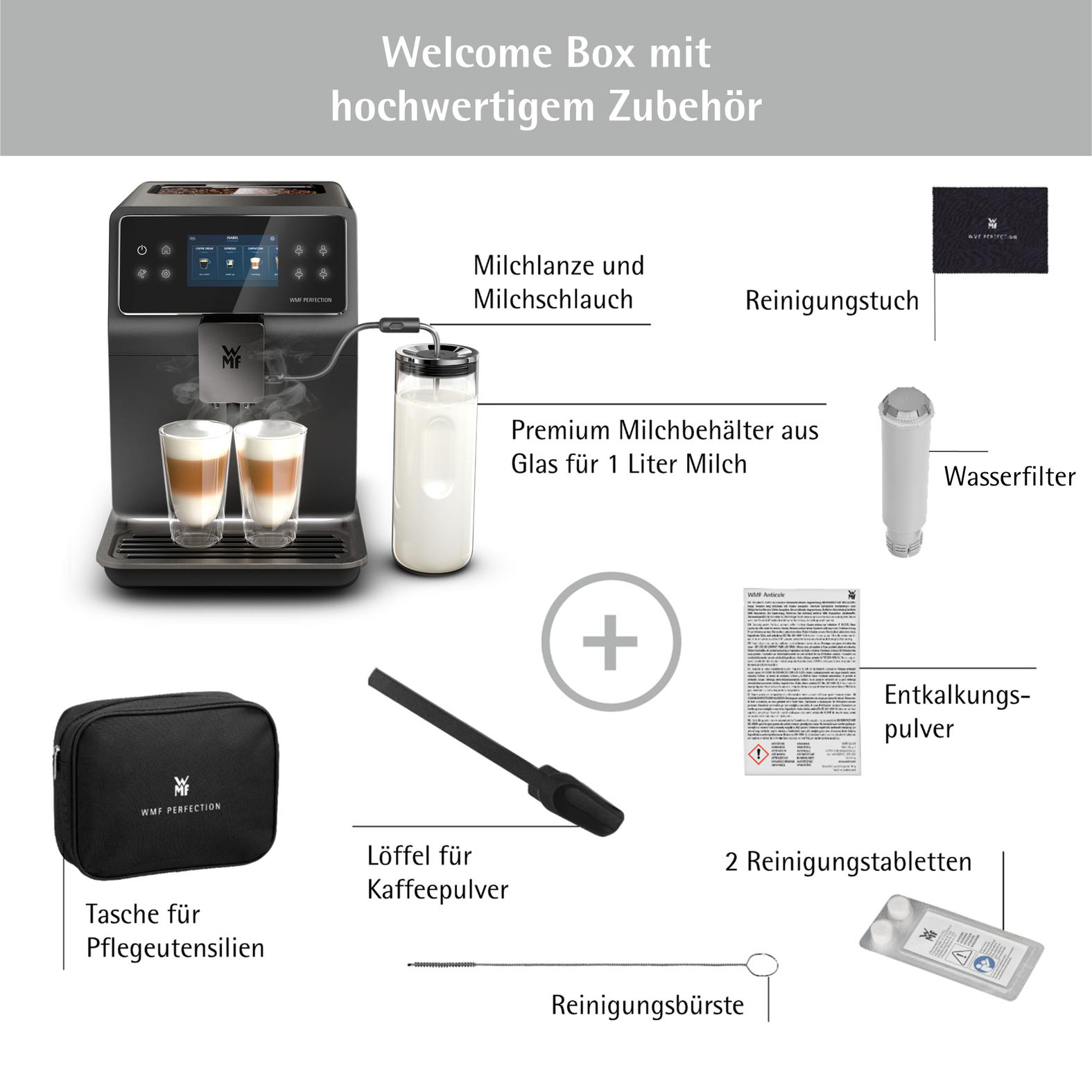 Kaffeemaschine mit Zubehör: Milchbehälter, Filter, Reinigungstabletten, Bürste, Kaffeelöffel, Reinigungstuch und Entkalkungspulver.