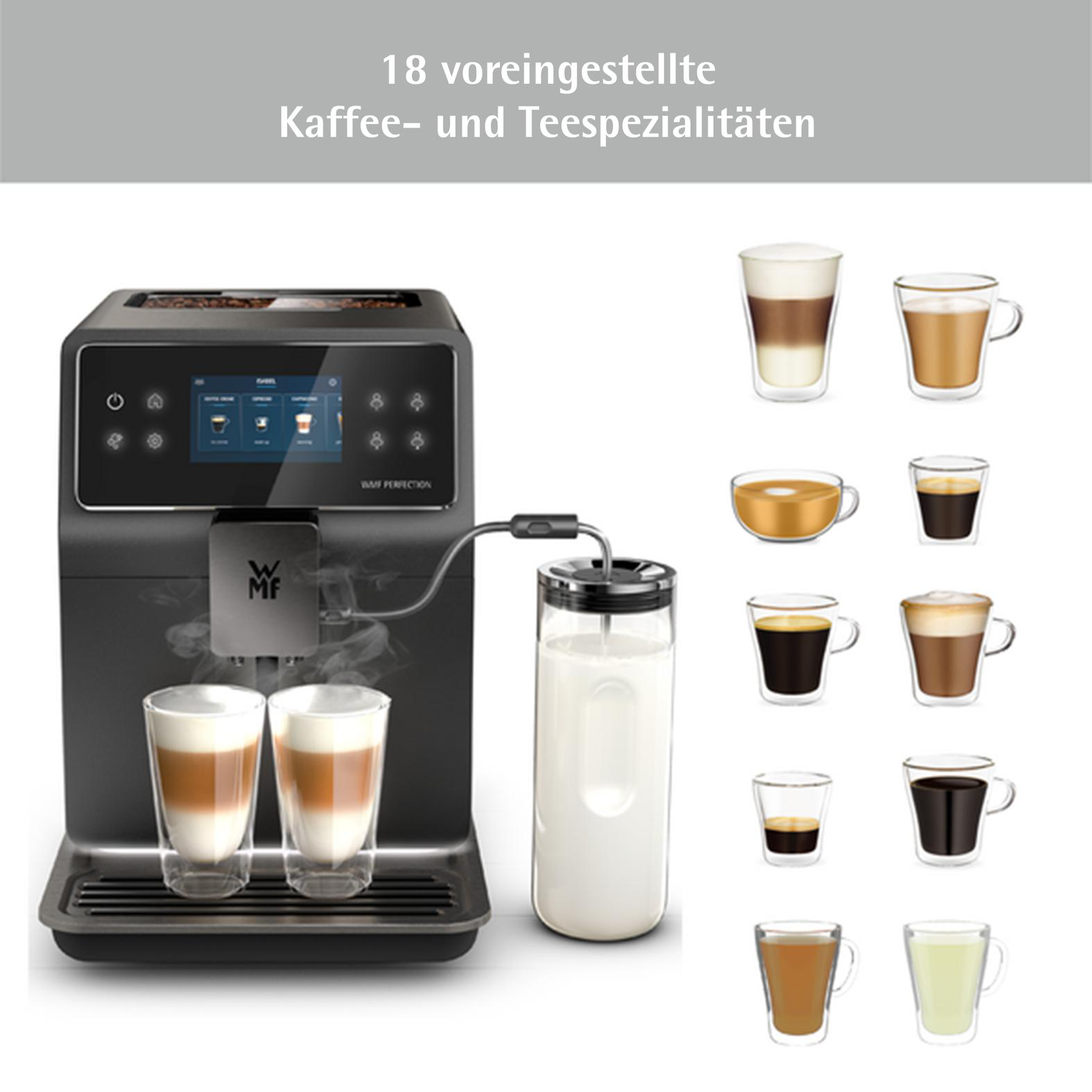 Kaffeemaschine mit zwei Latte Macchiato, einem Milchbehälter und verschiedenen Kaffeesorten.