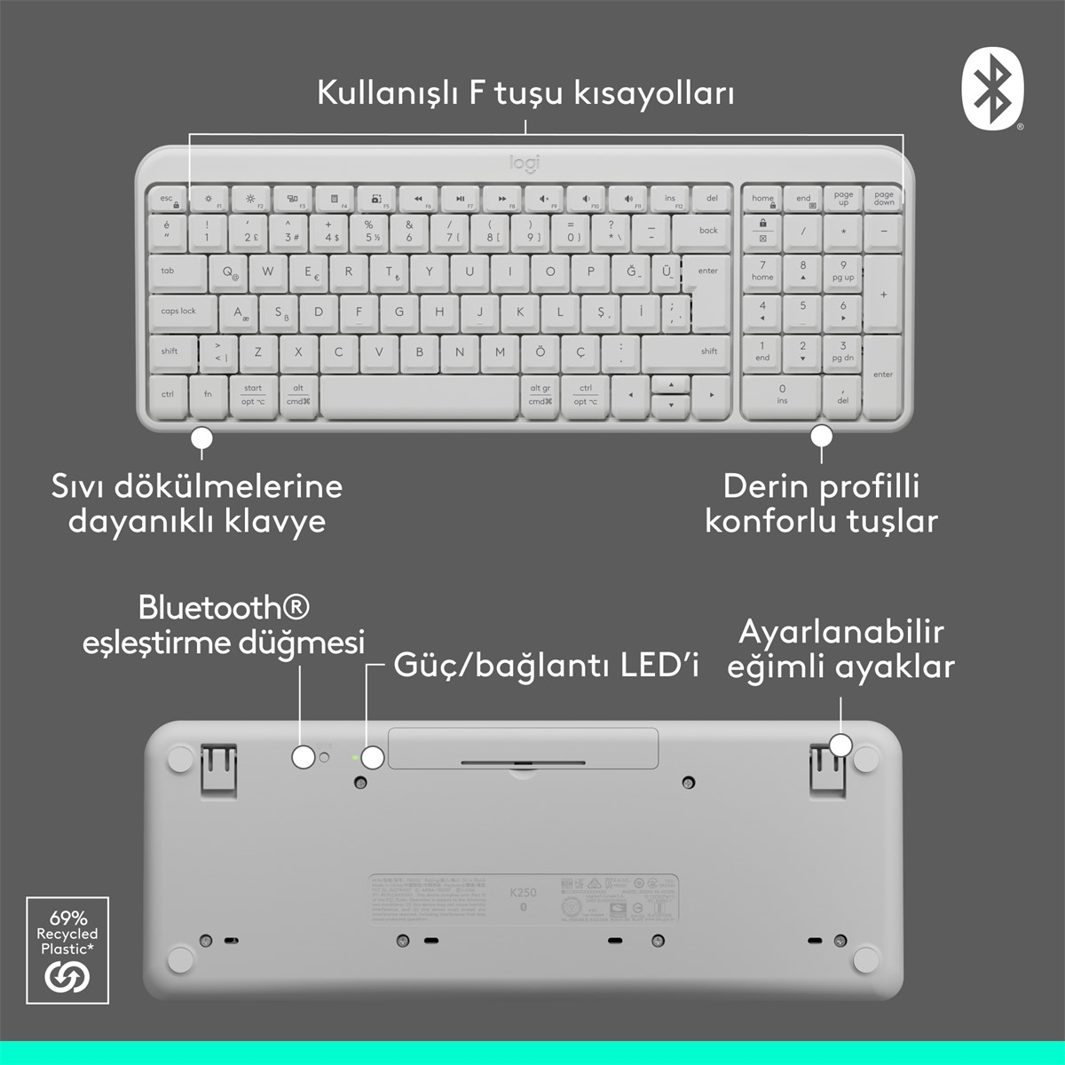 Beyaz Logitech klavye, Türkçe düzen, ürün detayları ve Türkçe etiketli özellikler.