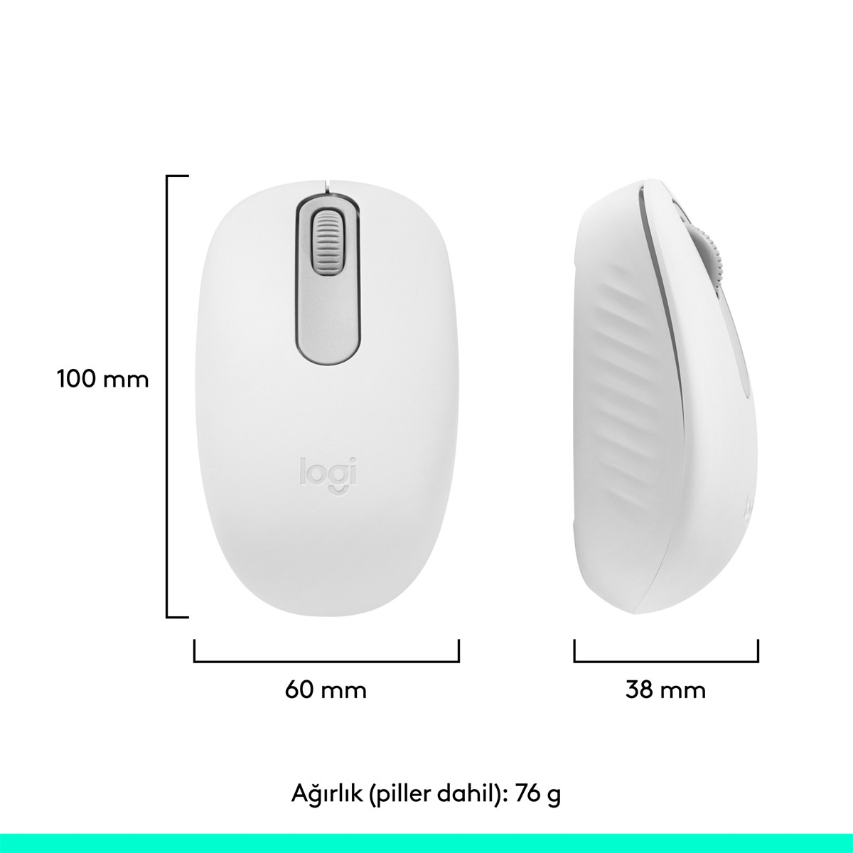 Beyaz Logitech fare, boyutları: 100x60x38 mm, ağırlık 76g. Kaydırma tekerleği ve Logitech logosu var.