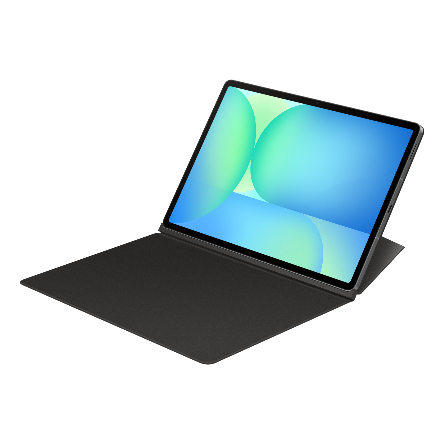 Une tablette avec écran dégradé bleu et vert ouverte sur un étui noir, sur fond noir.