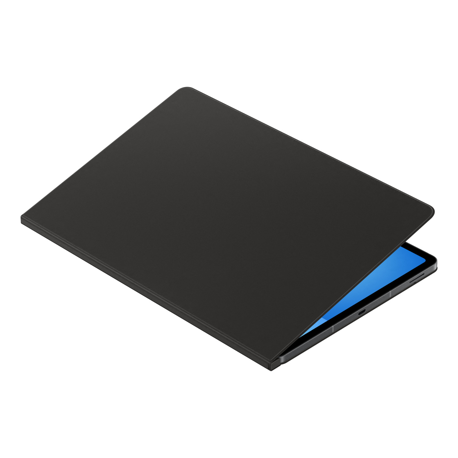 Une tablette noire avec une couverture légèrement ouverte, révélant un écran bleu. Le fond est blanc.