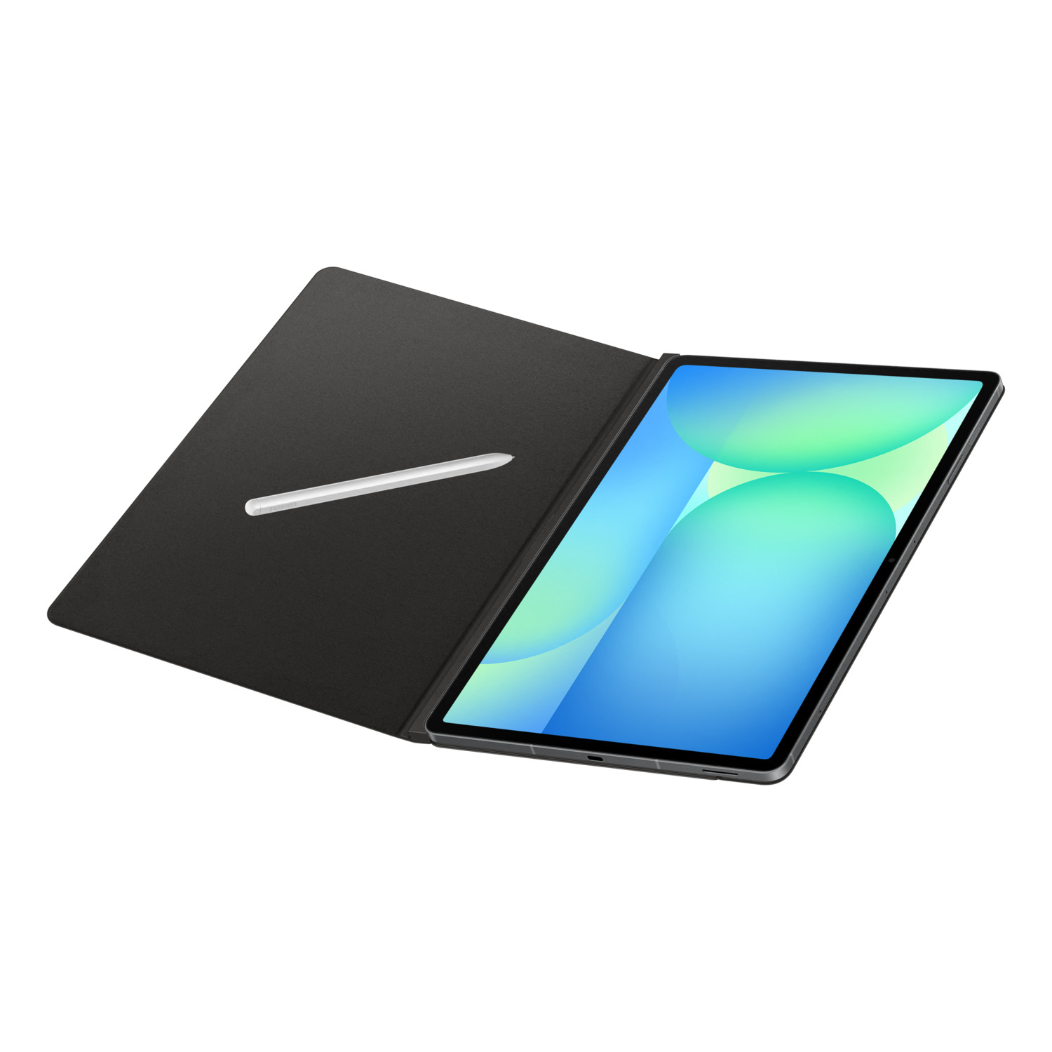 Tablette avec étui noir ouvert et stylet. L'écran de la tablette affiche un dégradé bleu et vert. Le fond est blanc.