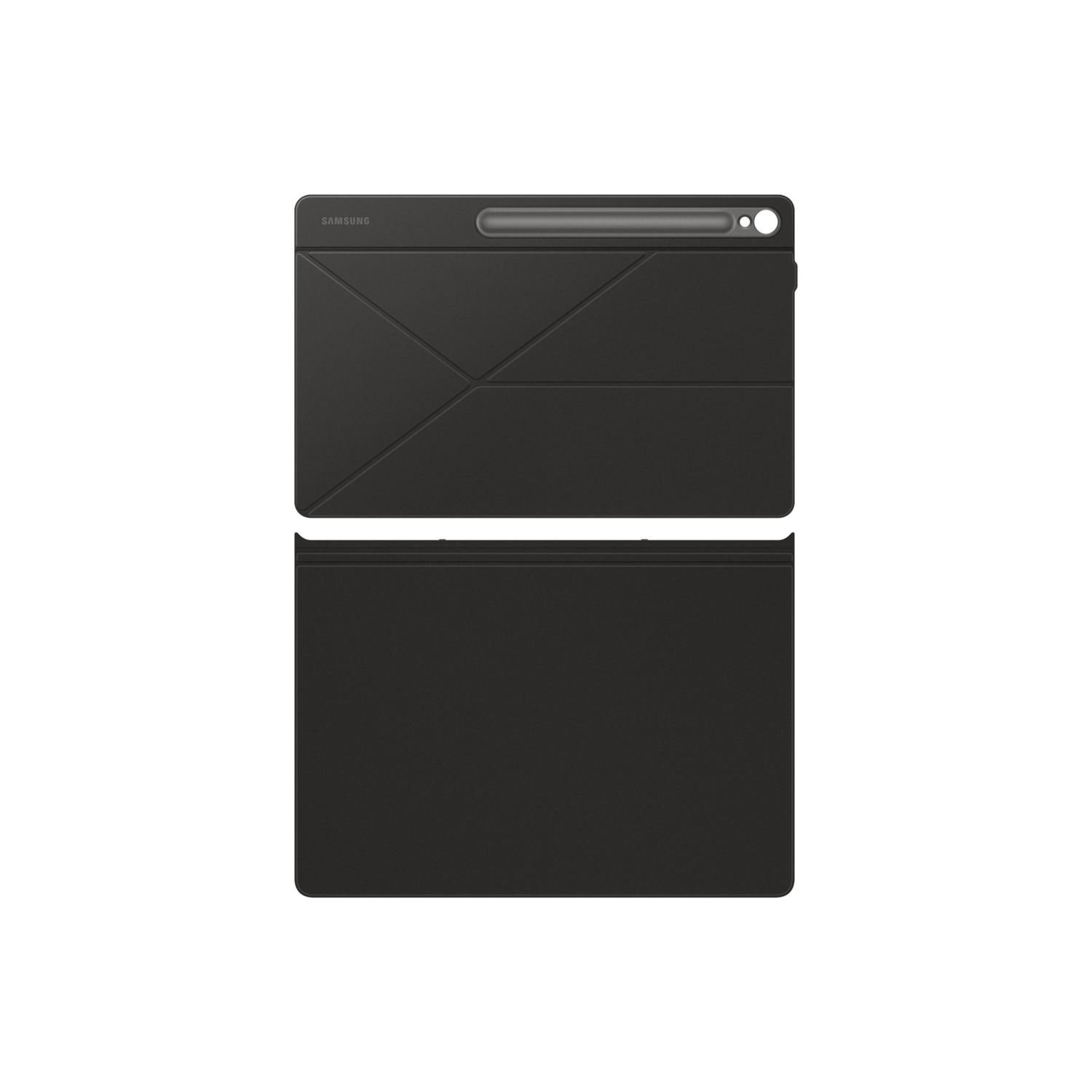 Étui de tablette noir en deux parties. La partie supérieure comporte une fente pour stylet et le logo Samsung. La partie inférieure est une couverture simple.