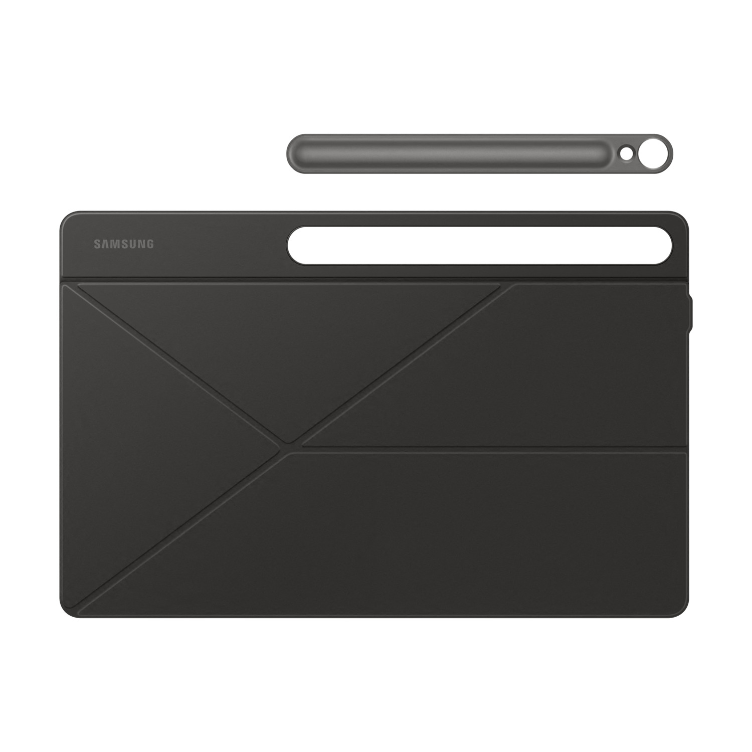 Étui de tablette gris foncé avec stylet assorti. L'étui présente une couverture avec des plis géométriques et un logo Samsung.