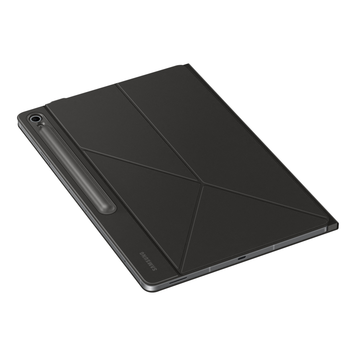 Tablette noire avec étui et stylo attachés. L'étui est plié. Le logo Samsung est visible.