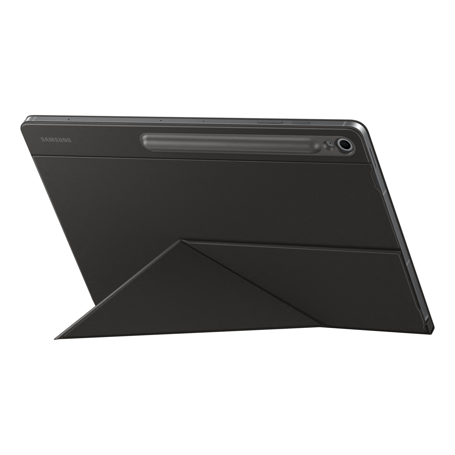 Une tablette Samsung gris foncé avec un étui assorti. L'étui est plié pour soutenir la tablette.