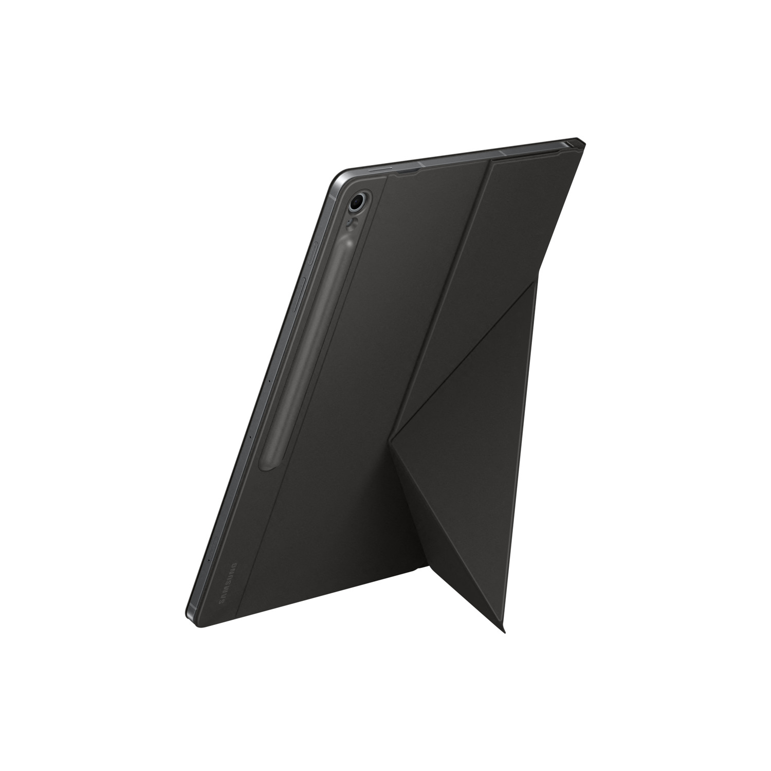 Une tablette noire avec un stylet est soutenue, montrant l'arrière. La tablette est dans un étui noir, avec le logo Samsung visible.