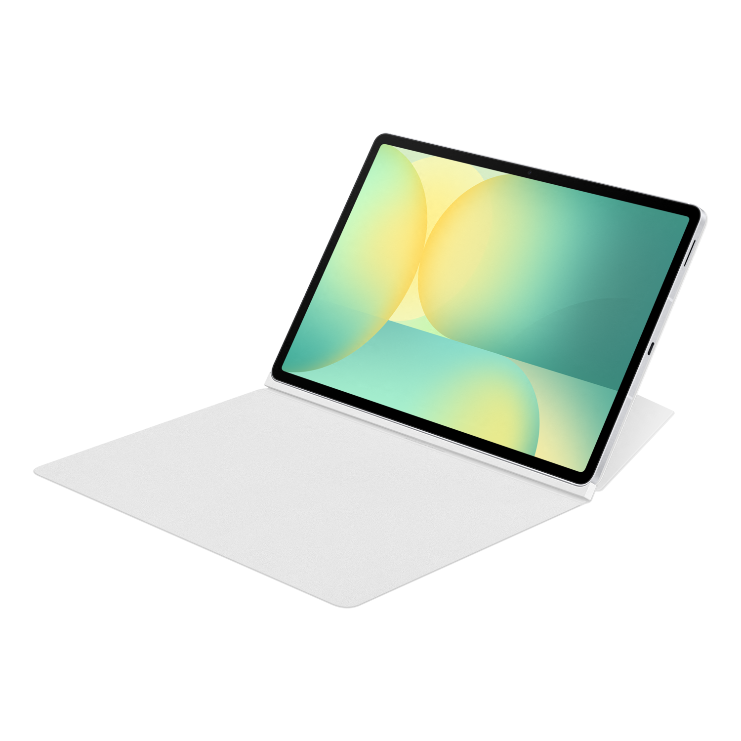 Une tablette blanche avec un écran vert clair et jaune est ouverte sur une housse de clavier blanche, sur fond noir.