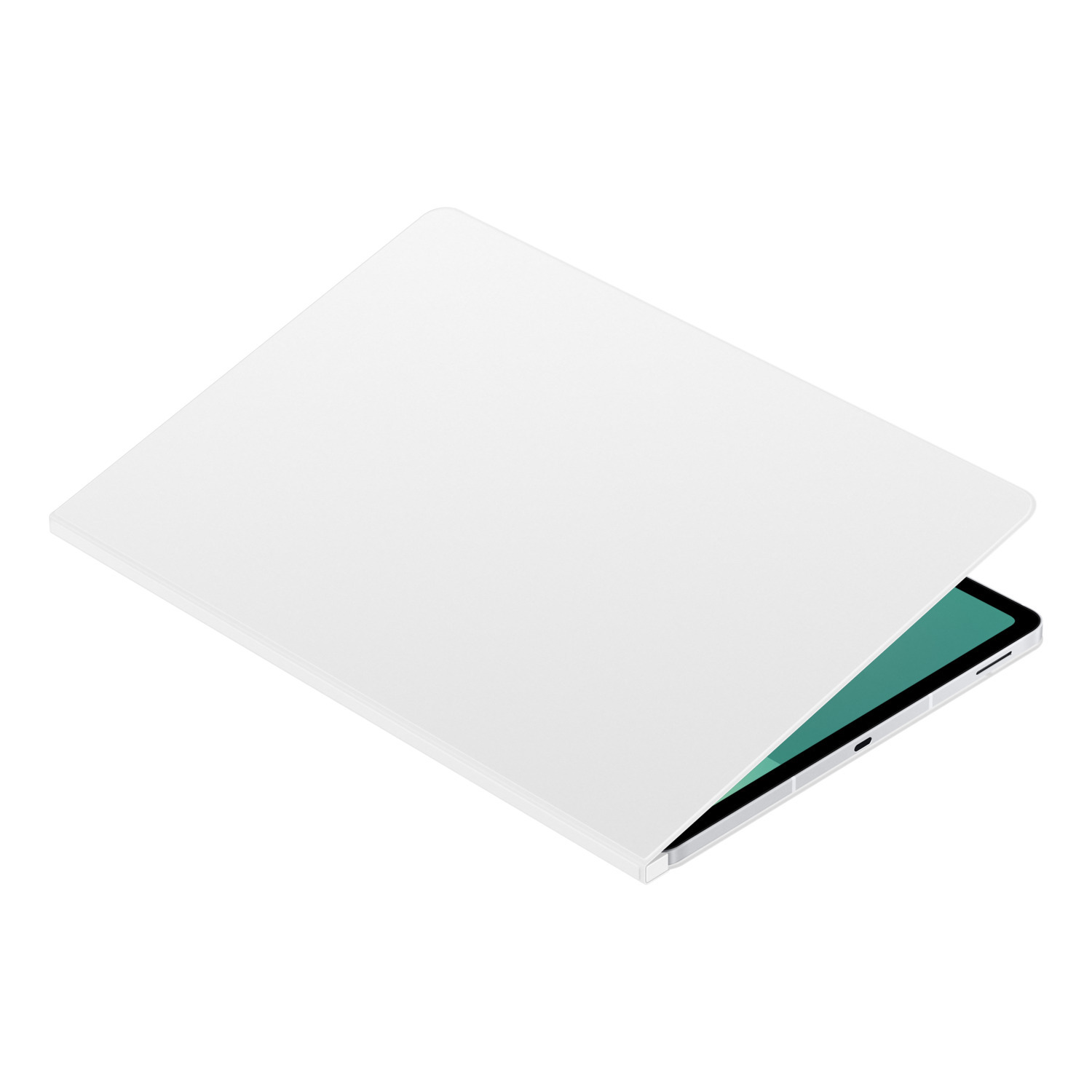Un ordinateur portable blanc est partiellement ouvert, révélant un écran vert. L'ordinateur portable est sur fond blanc. La perspective est isométrique.