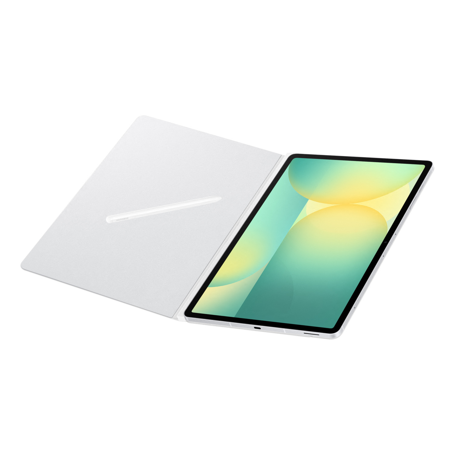 Tablette avec écran vert clair et jaune, ouverte sur une surface blanche avec un stylet. Le fond est blanc.