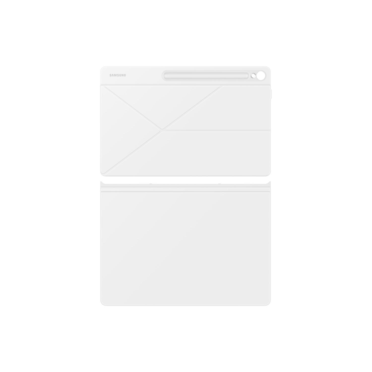 Une housse de tablette blanche en deux parties. La partie supérieure est pliée avec une fente pour stylet et la partie inférieure est plate. Logo Samsung en haut.