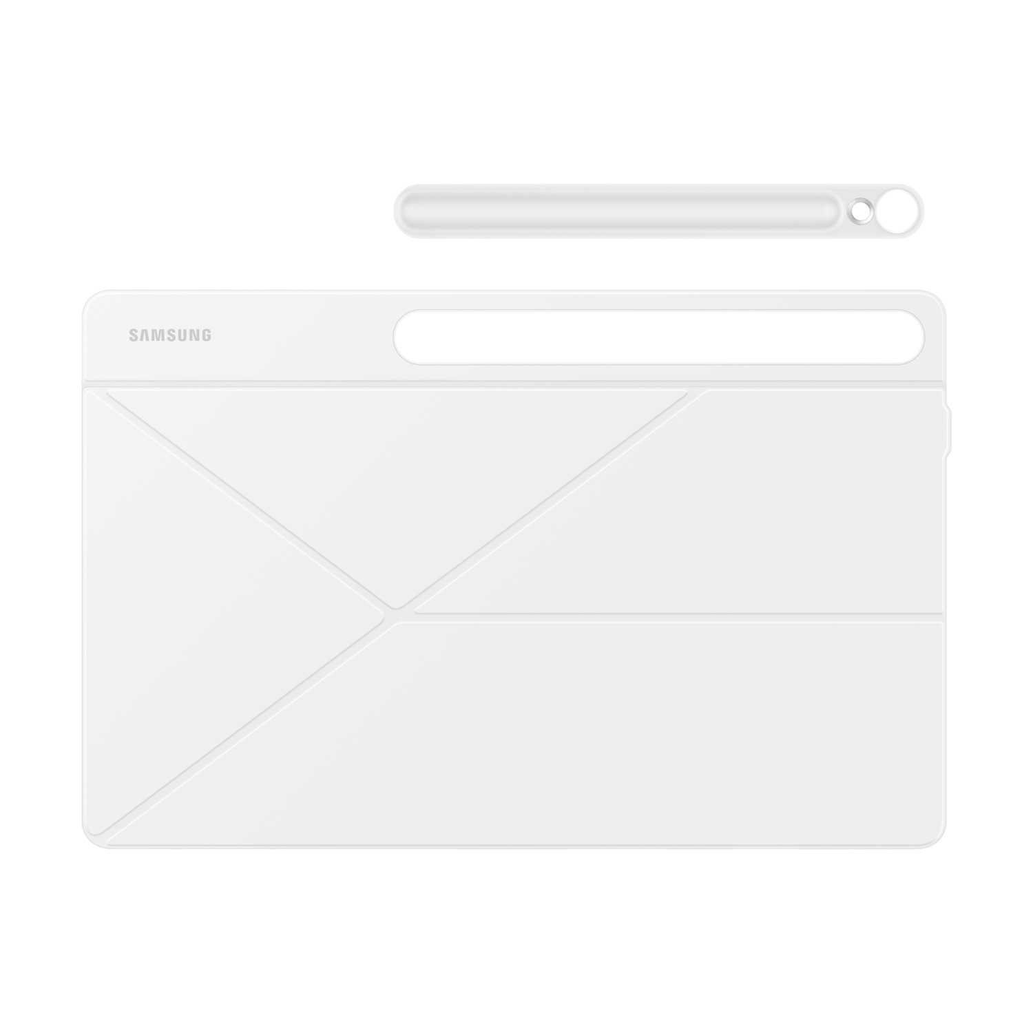 Étui et stylet blancs pour tablette Samsung sur fond blanc. L'étui est plié. Logo Samsung visible.
