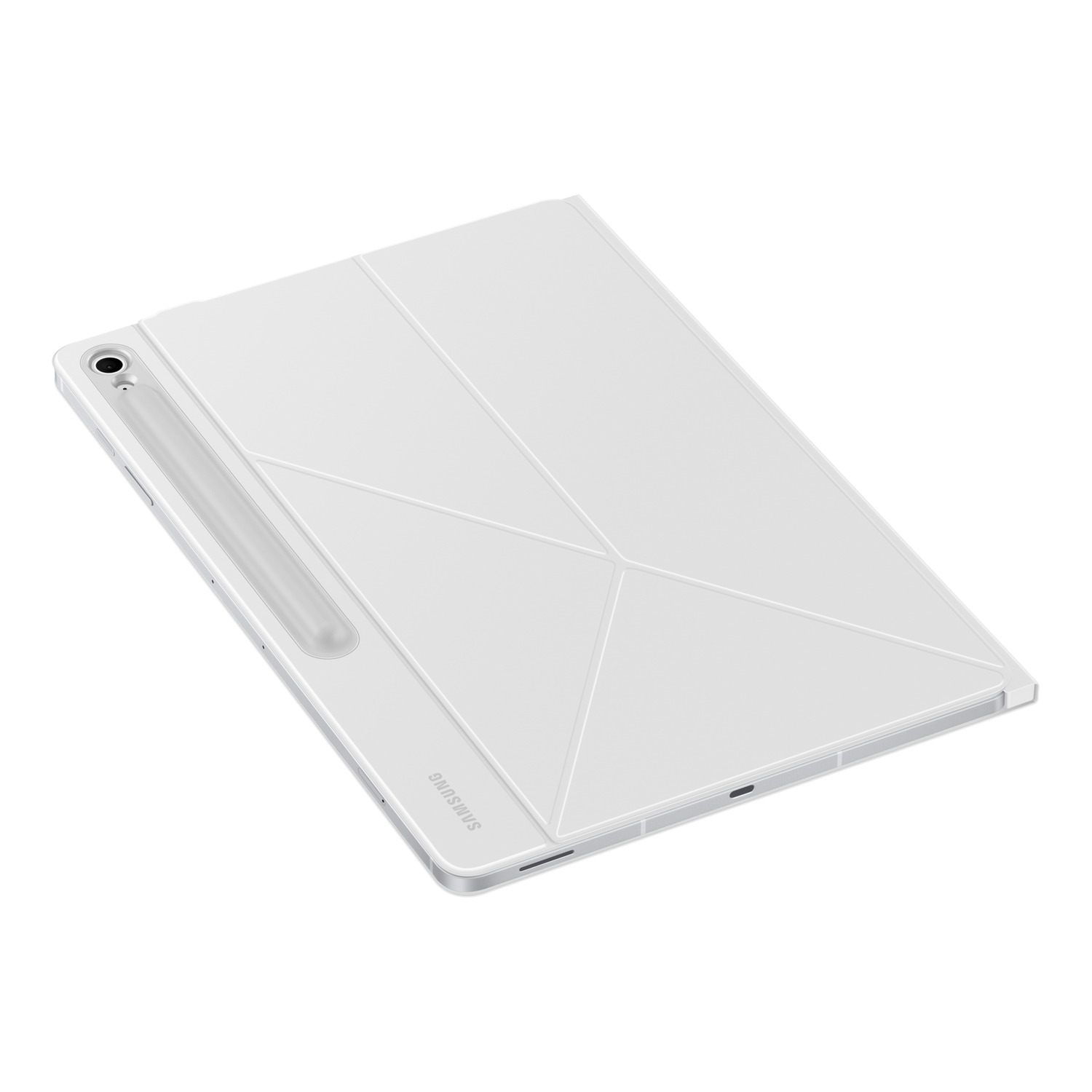Une tablette Samsung blanche avec une coque. La tablette a un stylet et une caméra. La coque est pliée avec des motifs géométriques.