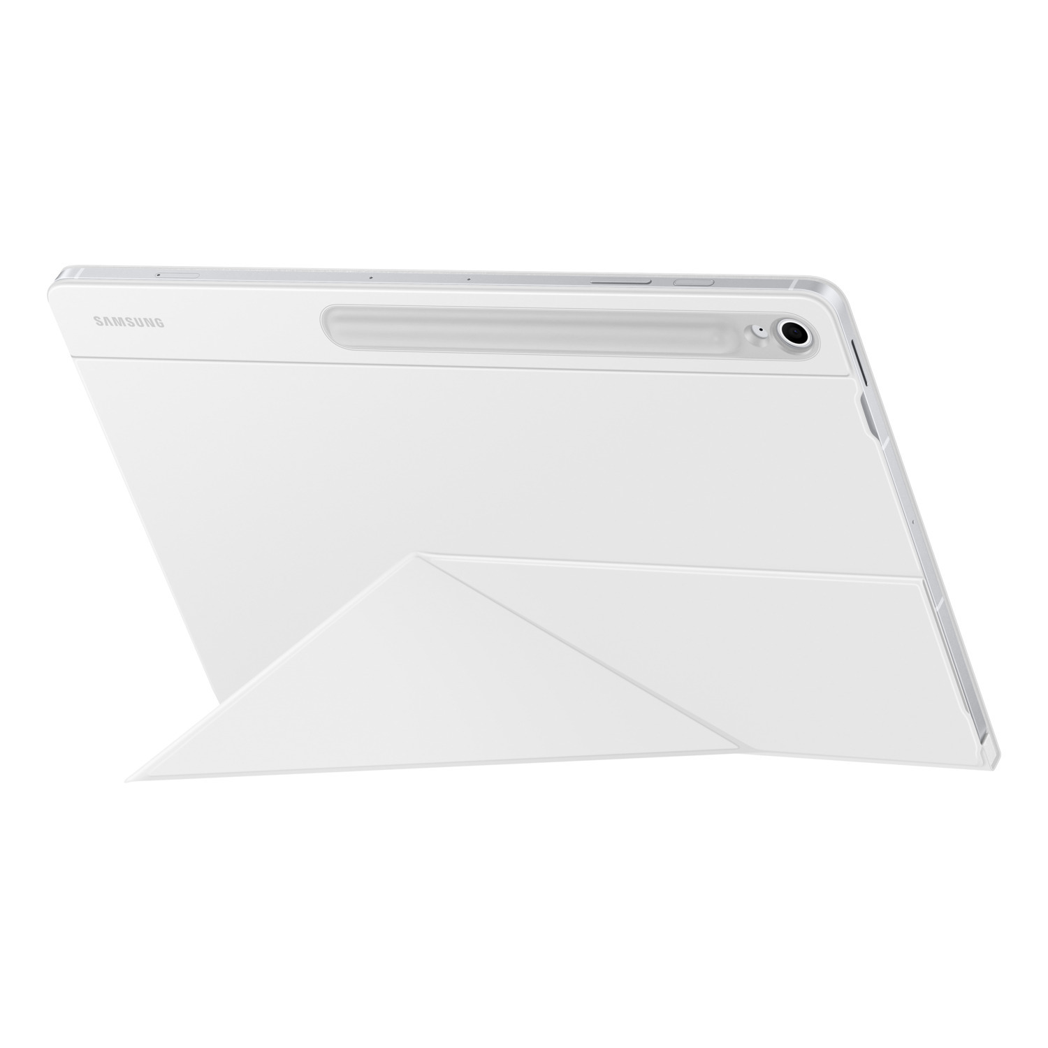 Une tablette Samsung blanche avec un support blanc. La tablette est inclinée, montrant la caméra et une fente pour stylet. Le support est plié.