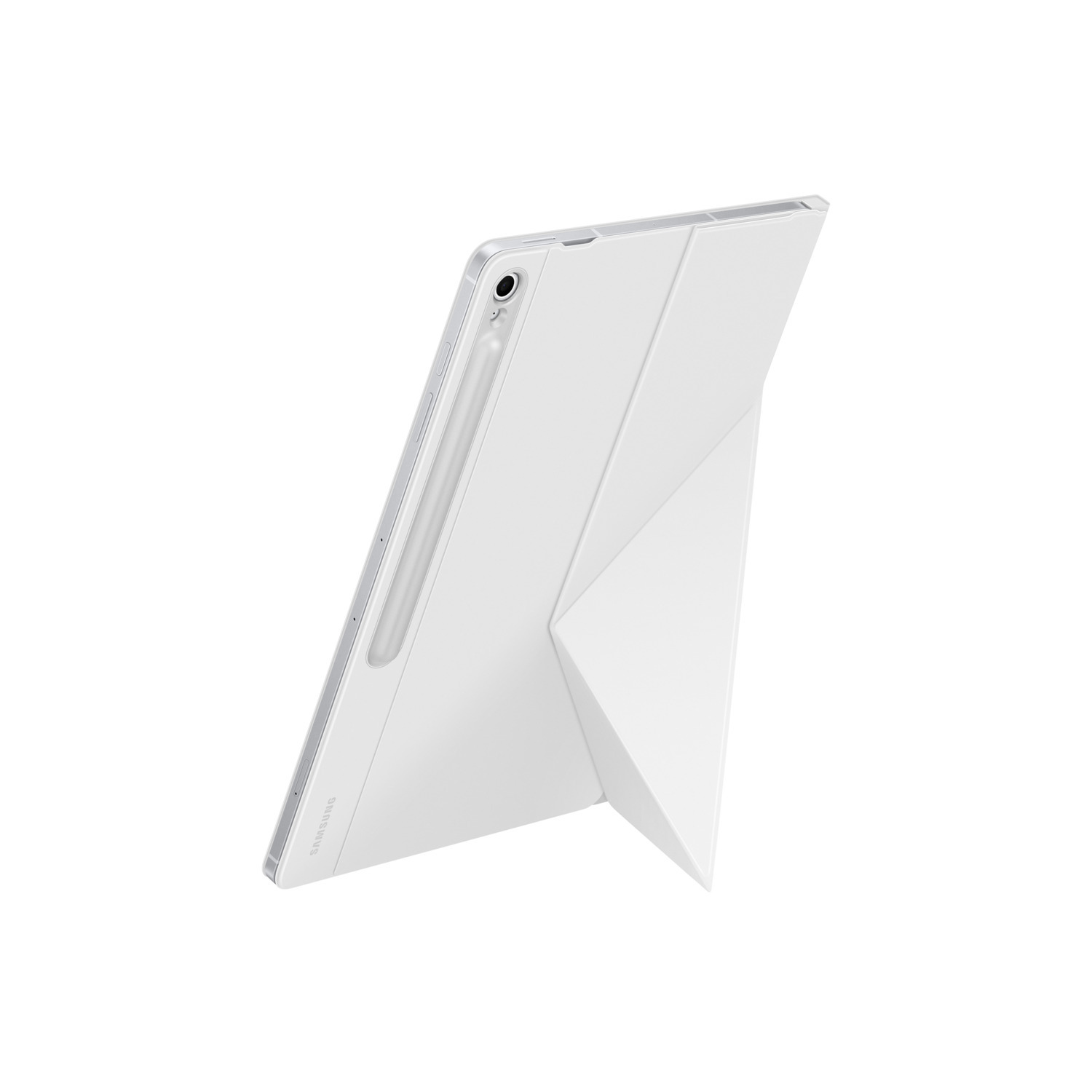 Tablette Samsung blanche avec stylet attaché, soutenue par une housse blanche sur fond blanc. Le bord de la tablette est visible.
