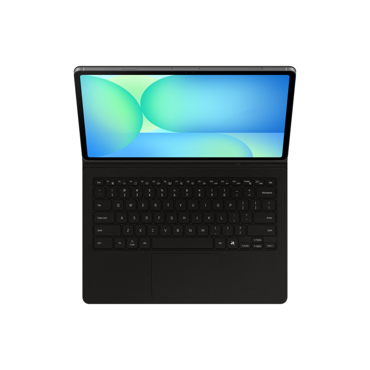 Een zwarte tablet met aangesloten toetsenbord, met een blauw-groene achtergrond. Het toetsenbord is volledig zichtbaar.