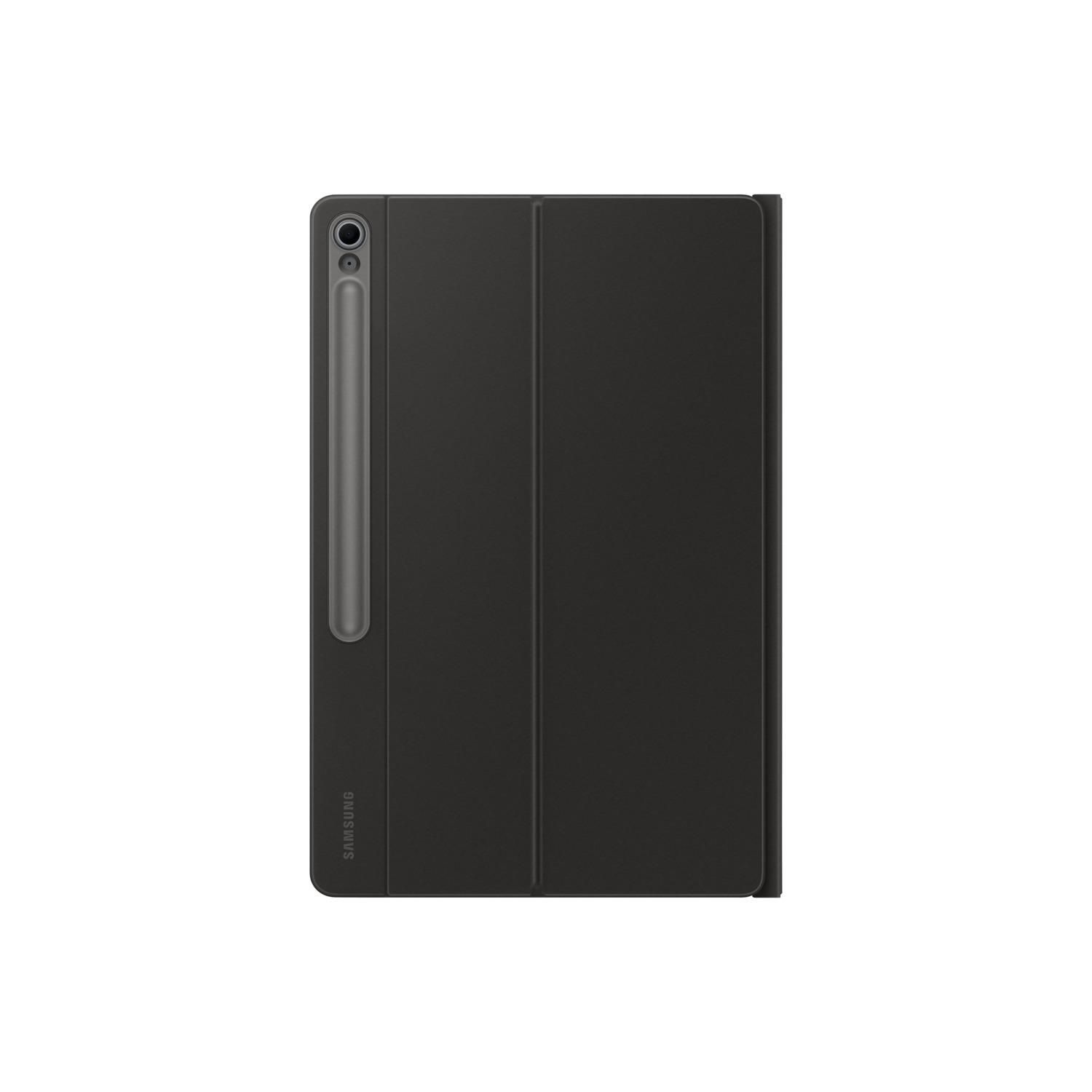 Zwarte tablet met stylus en hoes. Het Samsung-logo is zichtbaar aan de onderkant. De achtergrond is wit.