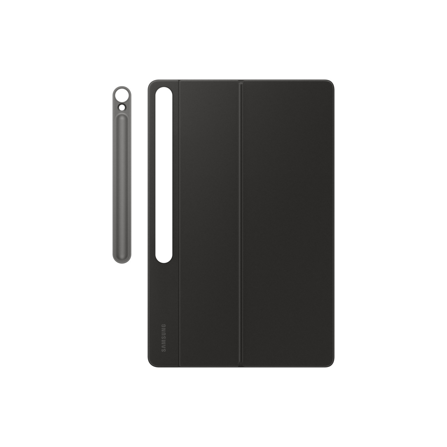 Een zwarte tablethoes en een stylus. De hoes heeft een Samsung-logo. De stylus is donkergrijs. Witte achtergrond.