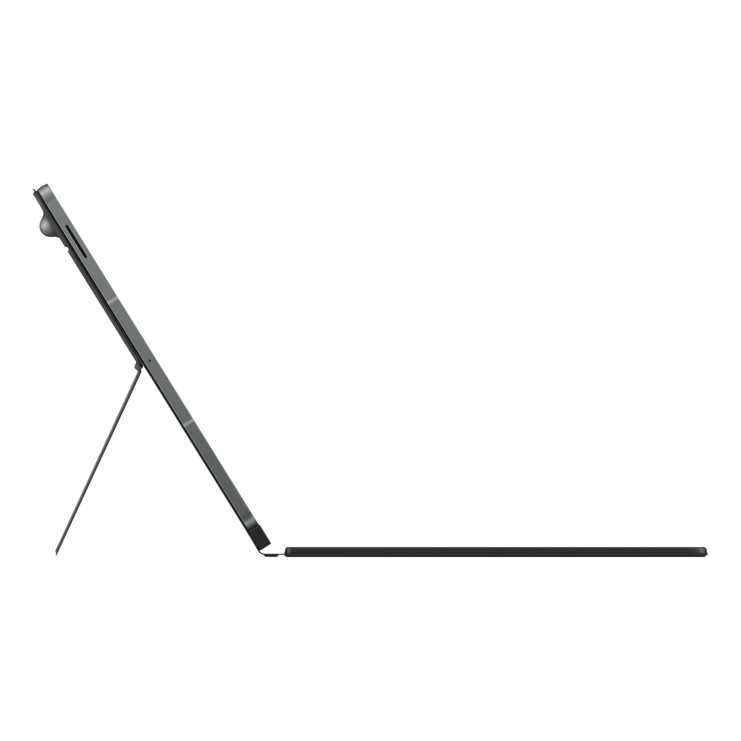 Een tablet, van opzij bekeken, is open met een standaard. Het toetsenbord is plat. Alles tegen een witte achtergrond.