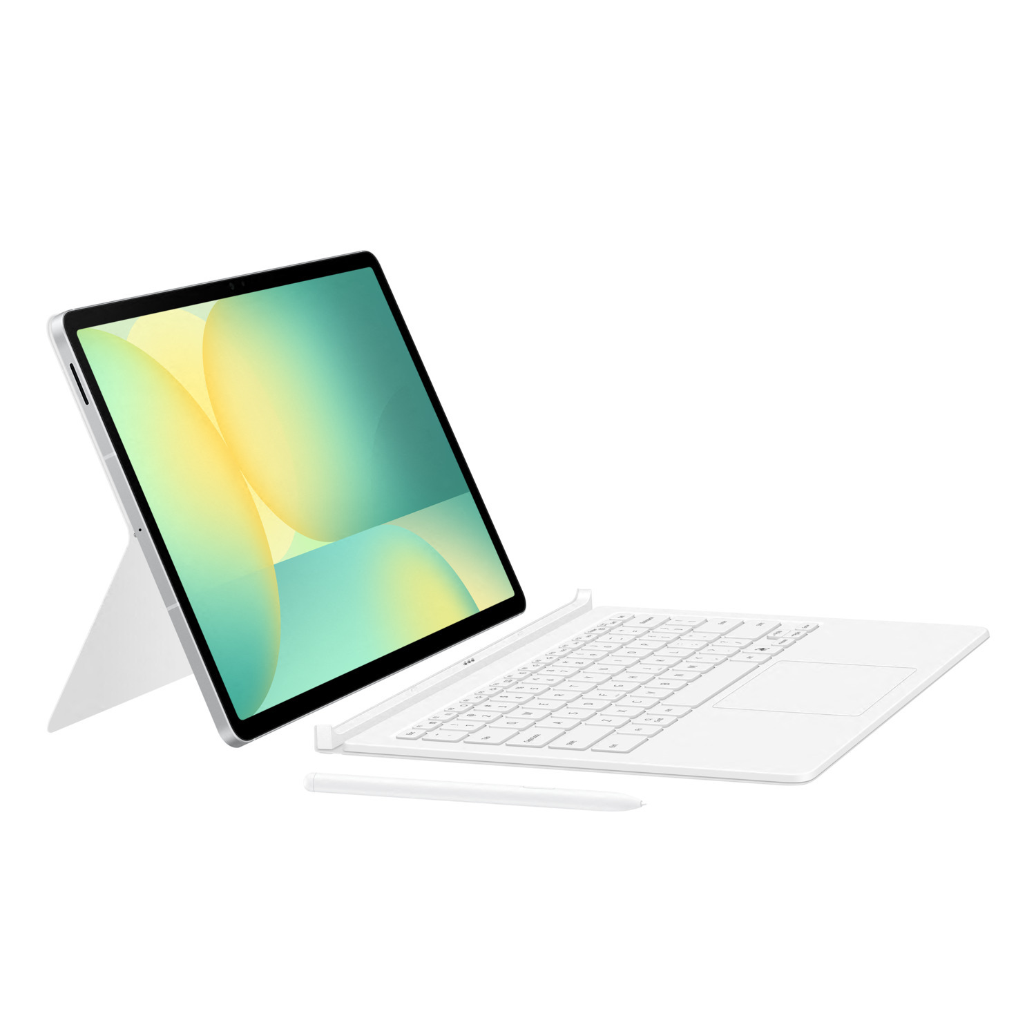 Een witte tablet met toetsenbord en stylus op een witte achtergrond. Het scherm toont een groene en gele gradiënt.