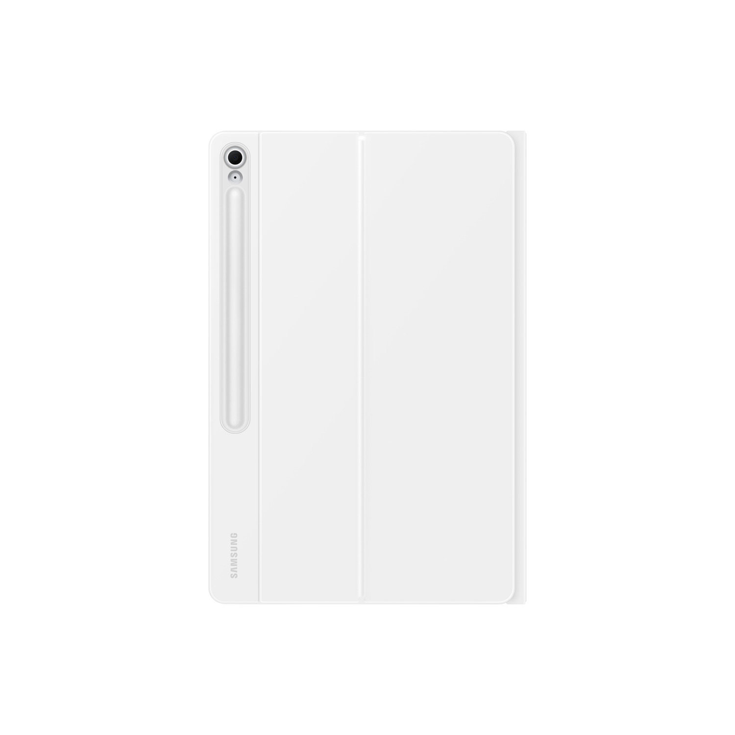 Een witte Samsung-tablet met een witte hoes en stylus, op een witte achtergrond. De hoes is gesloten.