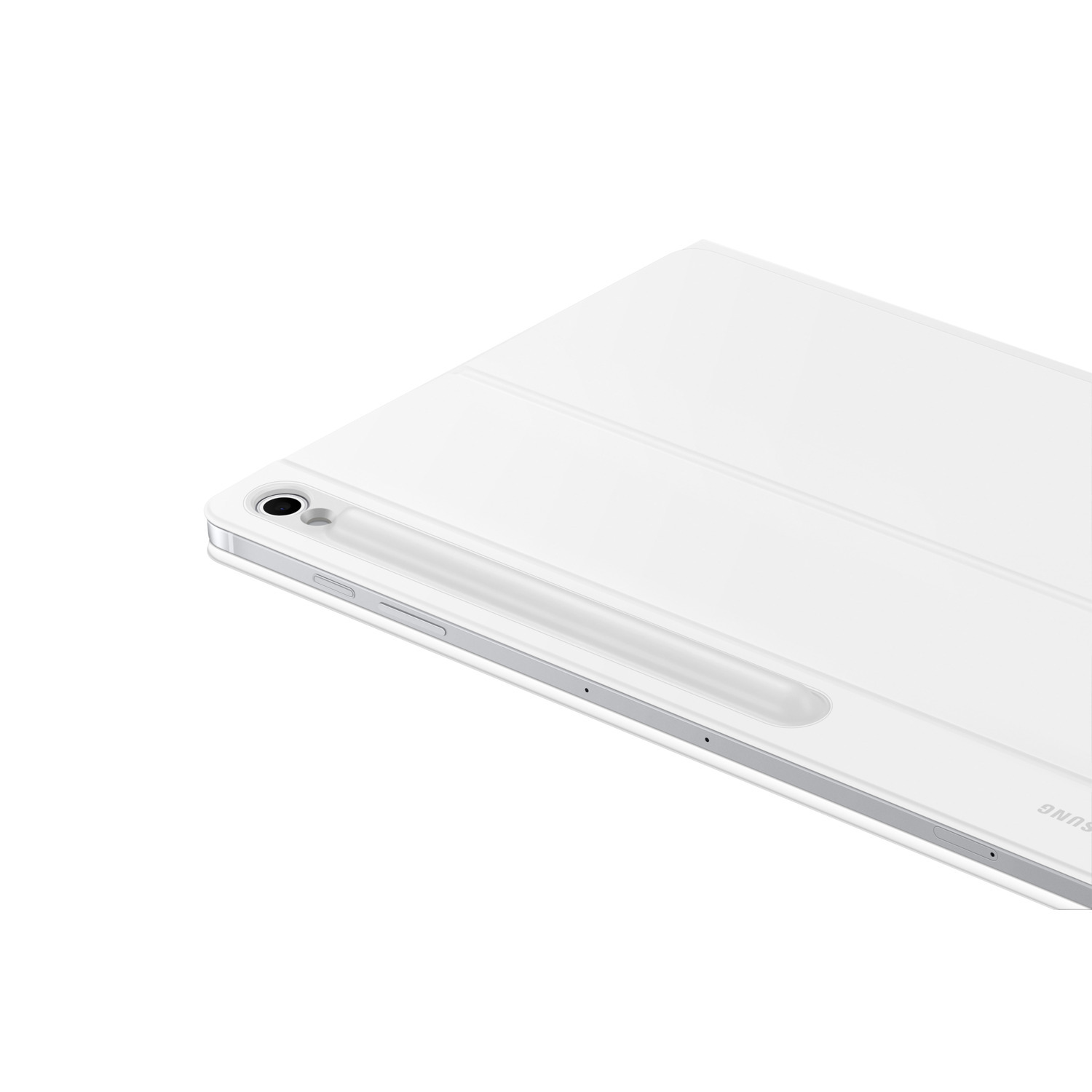 Witte tablet met hoes en stylus, gezien vanuit een hoek. De tablet heeft een camera. De achtergrond is wit.