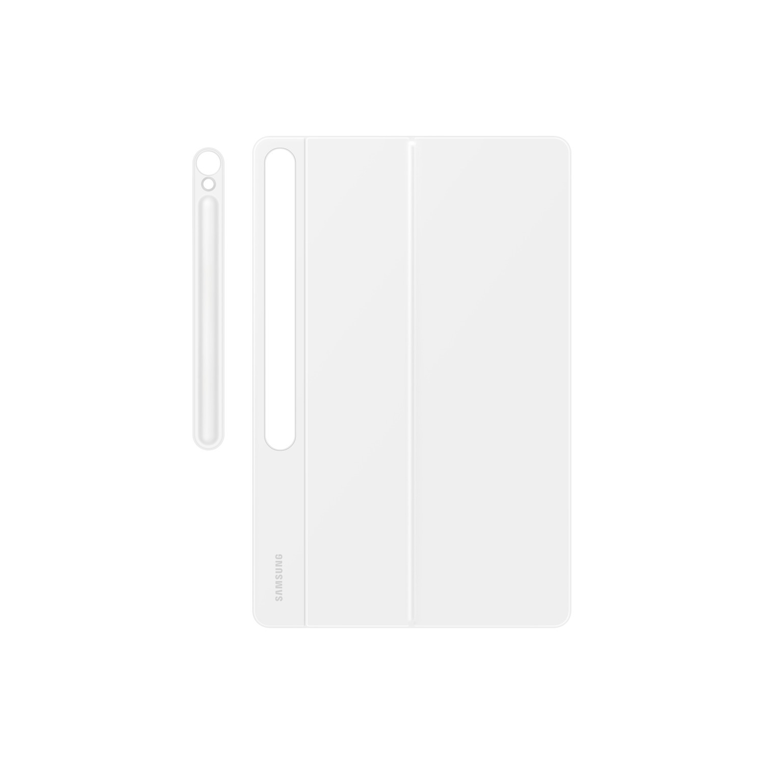 Witte Samsung tablethoes met stylus. De hoes heeft een houder voor de stylus. De tablethoes en stylus staan op een witte achtergrond.