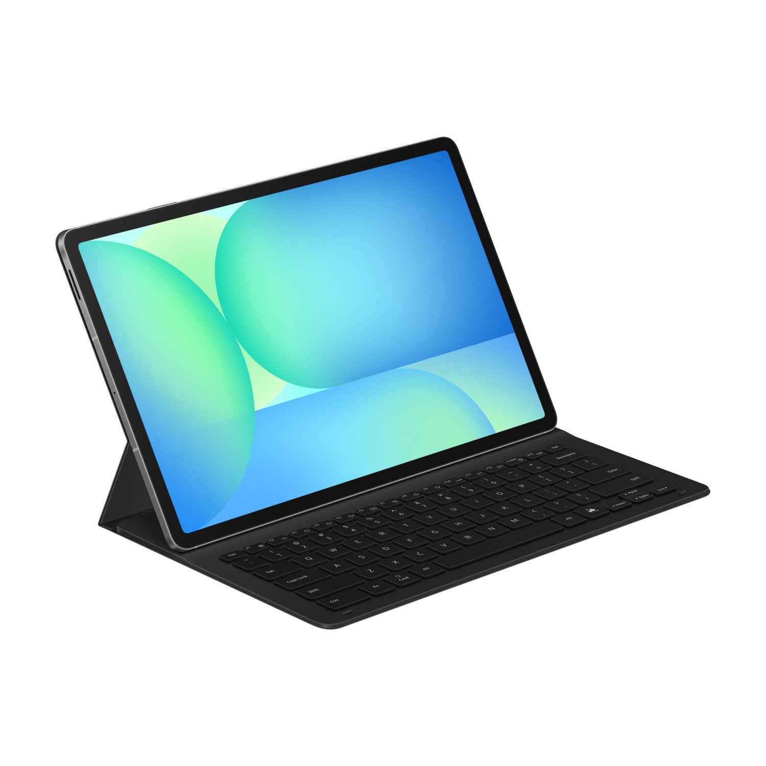 Tablet with black keyboard. The screen displays blue and green spheres. The keyboard is connected to the tablet.