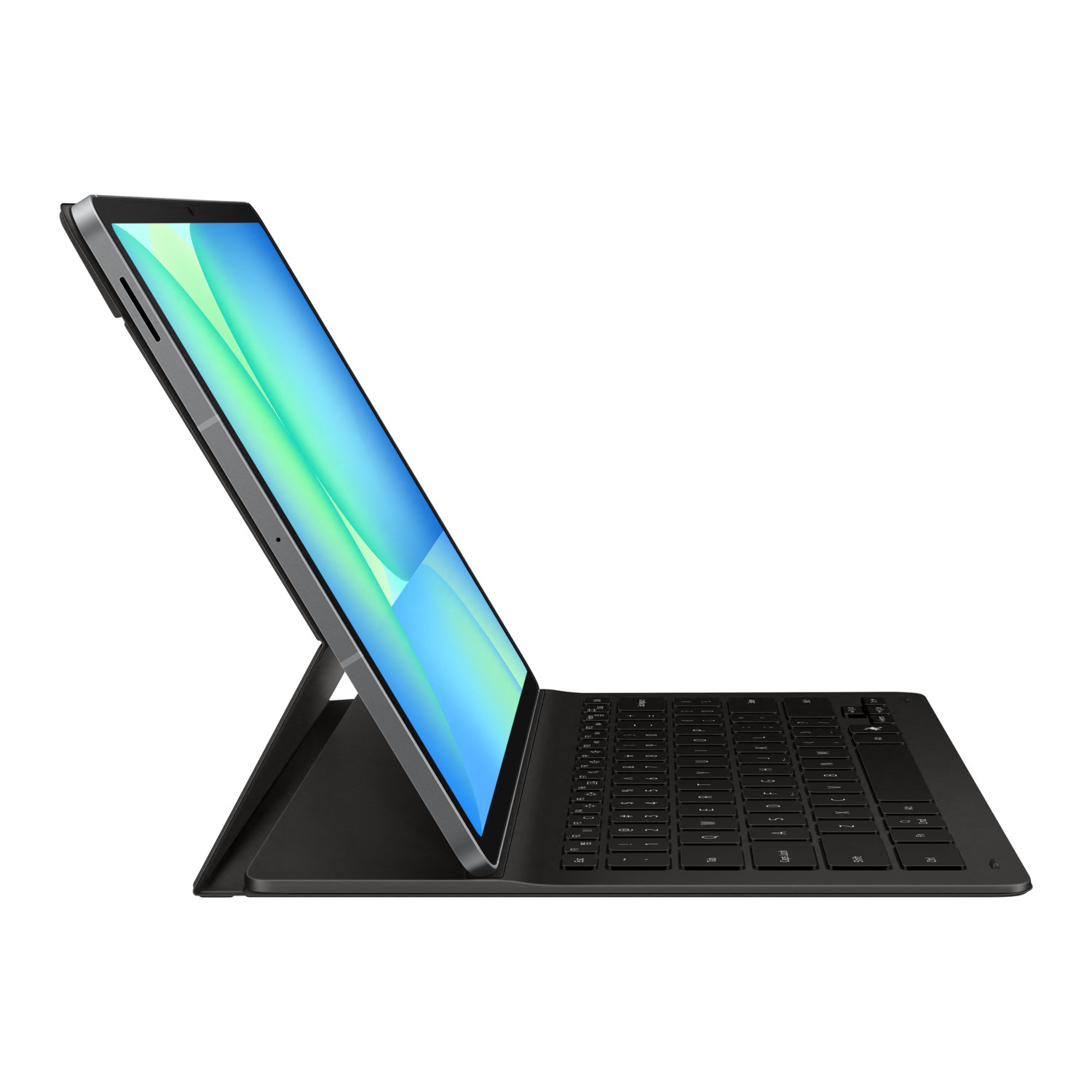 A black tablet with a keyboard is open, displaying a screen with blue and green colors. The keyboard is flat.