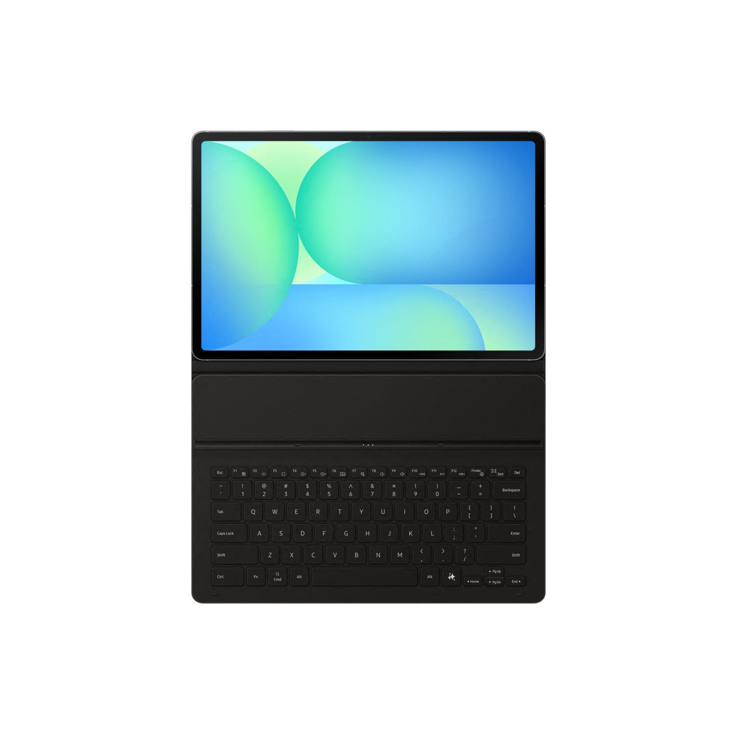Black tablet with keyboard. The screen displays a blue and green gradient. The keyboard is attached below the tablet.