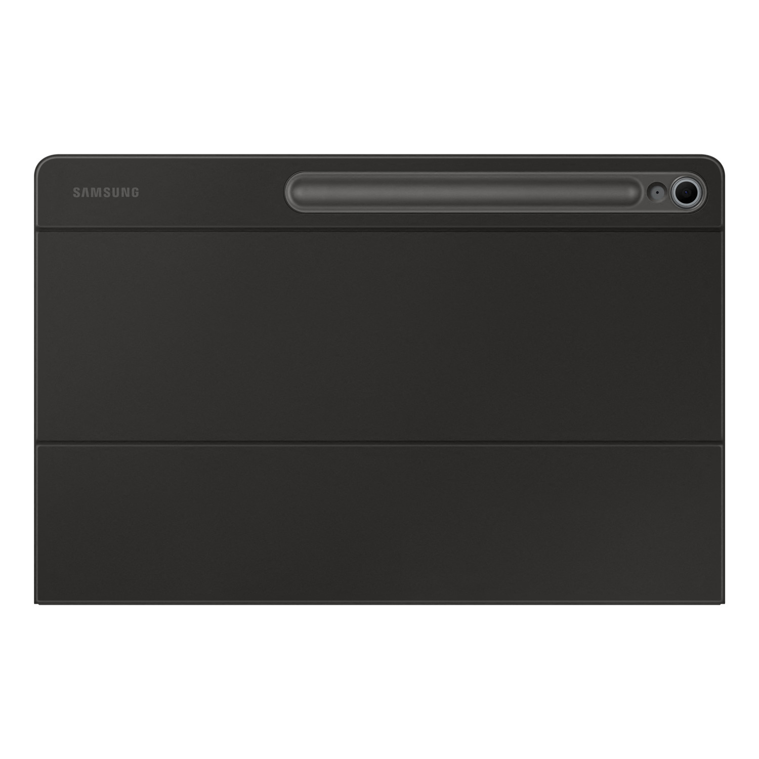 Black Samsung tablet case. It has a pen holder and a camera. The case is folded.