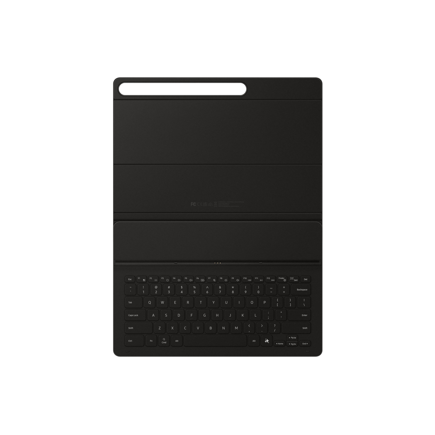 A black tablet keyboard case. The case is open, showing the keyboard and the inside of the cover.