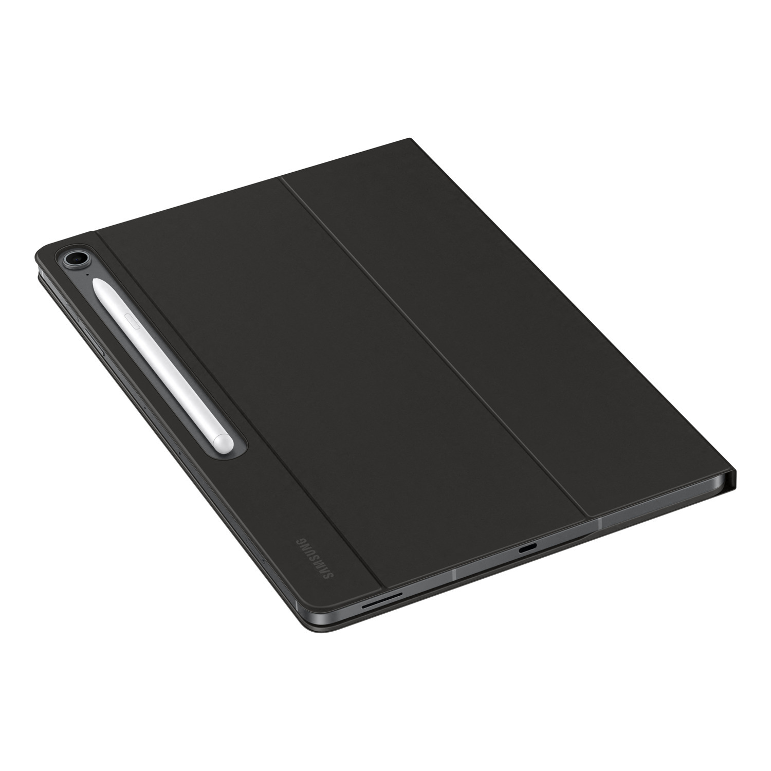 Black tablet with a closed cover and a white stylus. The Samsung logo is visible. The background is white.