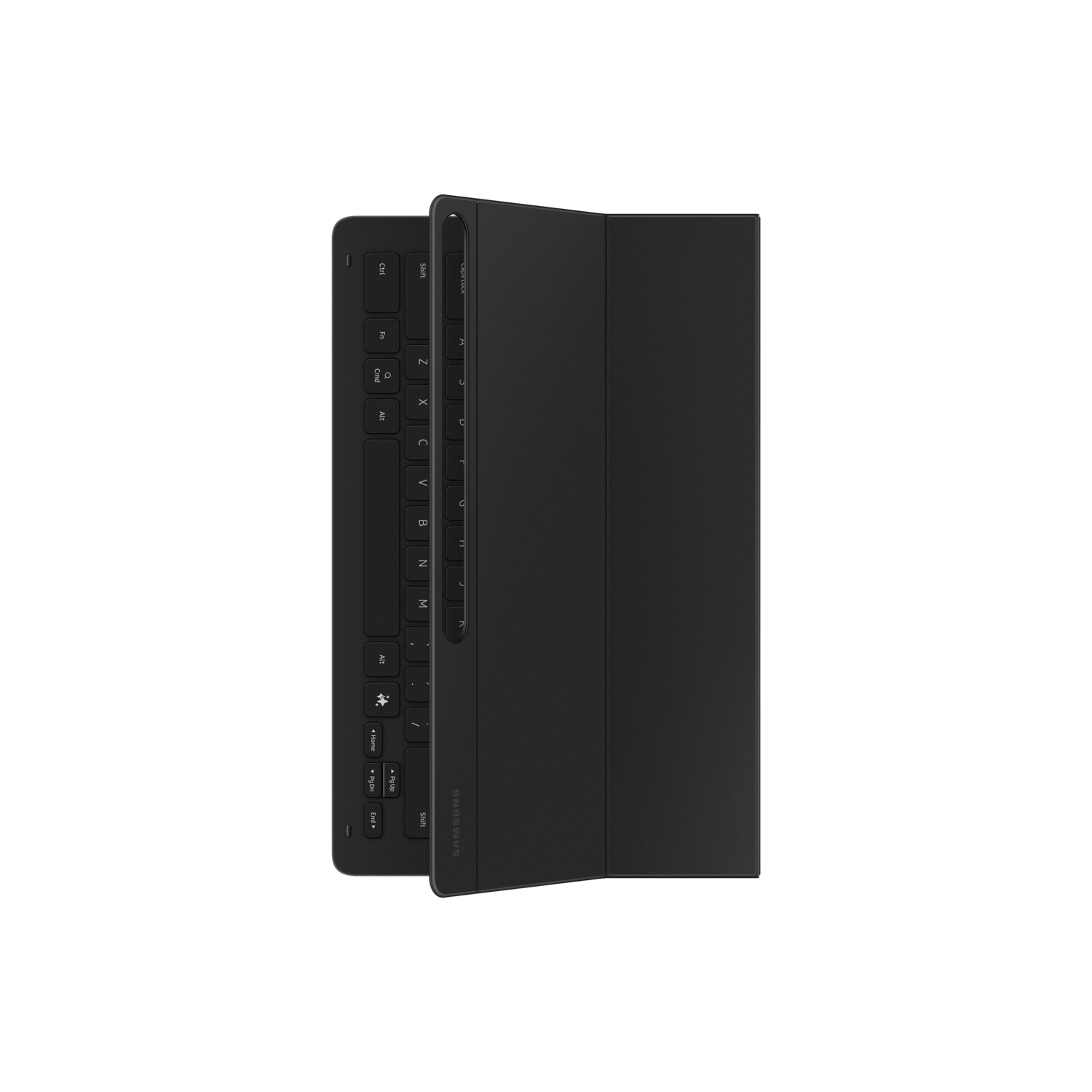 A black keyboard and a cover are on a black background. The keyboard has function keys and a Samsung logo.