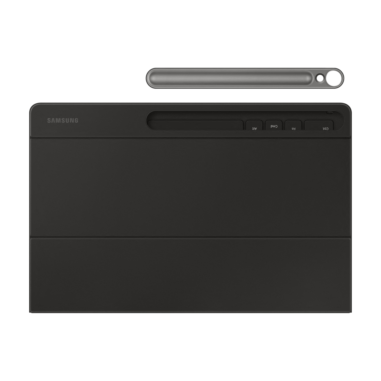 A black Samsung keyboard with a stylus above it. The keyboard has function keys and the Samsung logo. The background is black.