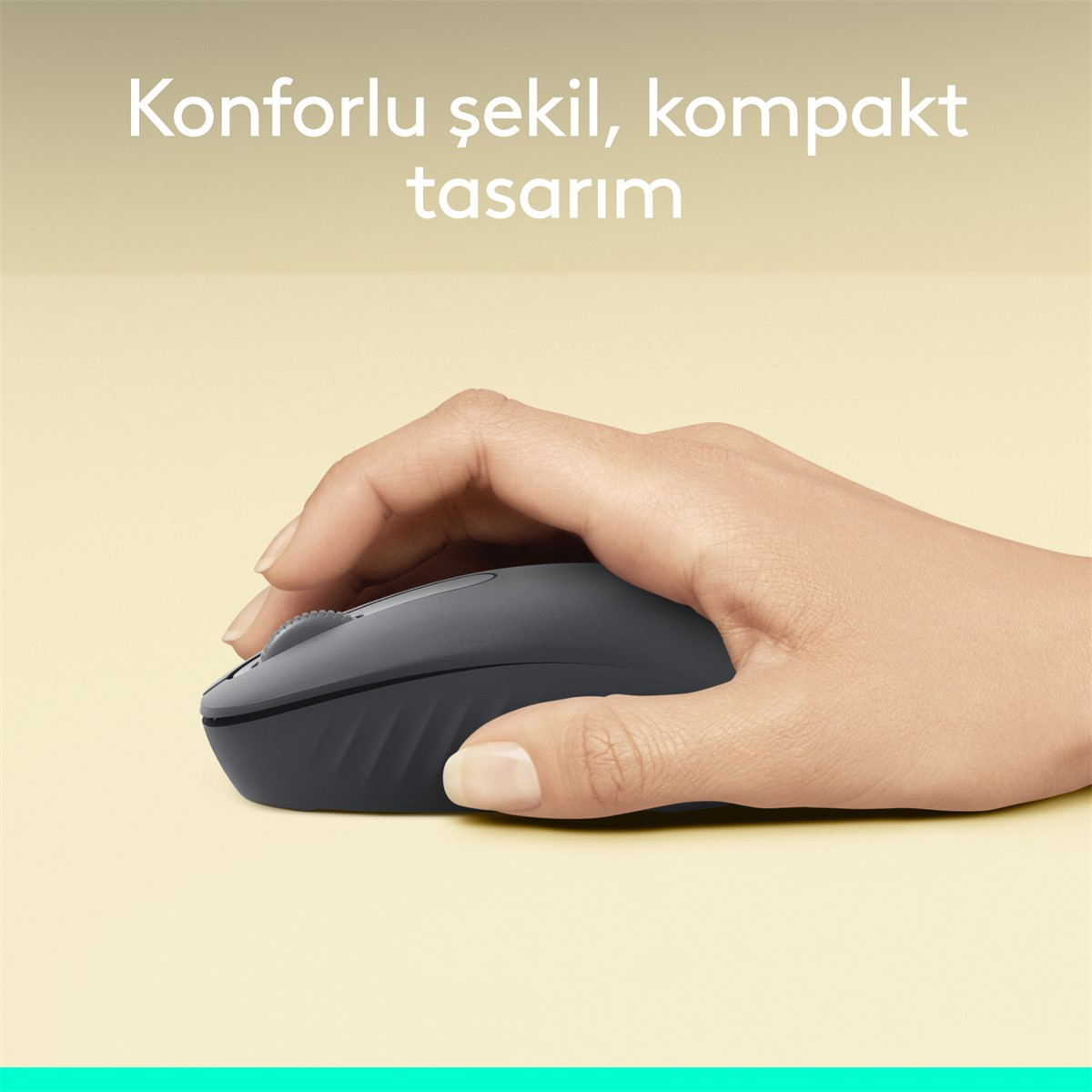 Bir el, koyu gri bir fare tutuyor. Arka plan açık sarı renkte. Türkçe metin, görüntünün üst kısmında.