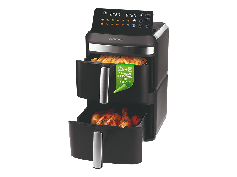 Gourmetmaxx 16818 Fryup XL Vertikal Doppel-Heißluftfritteuse 6 l + 6 l, Schwarz