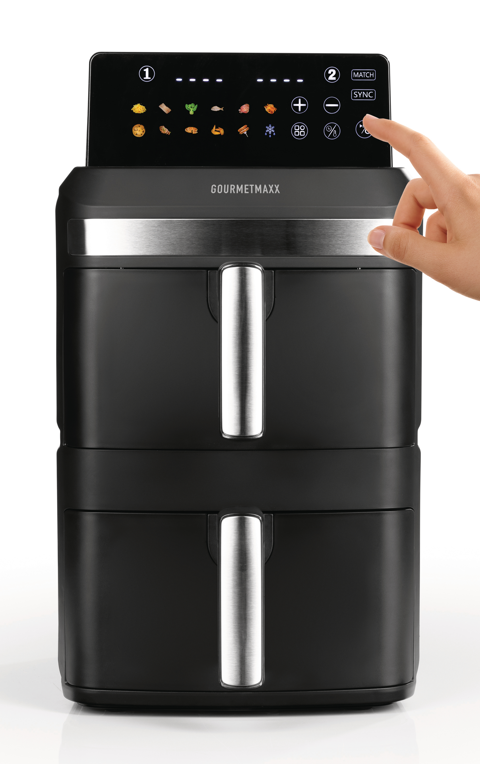 Schwarze Heißluftfritteuse mit Touchscreen. Eine Hand berührt den Bildschirm. Die Marke ist 'Gourmetmaxx'.