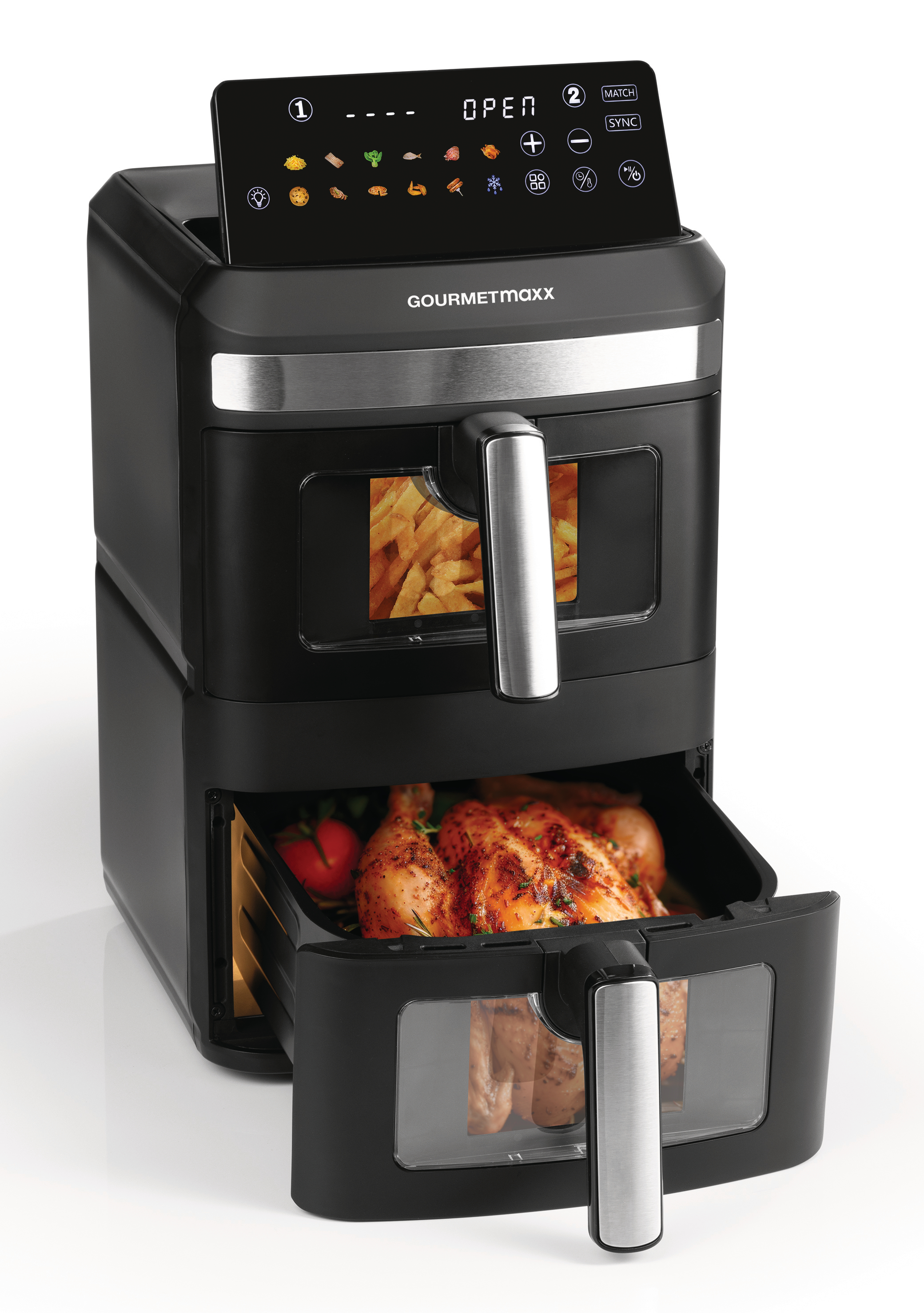 Schwarze Heißluftfritteuse mit offenen Schubladen. Eine Schublade zeigt Pommes, die andere ein Brathähnchen und Tomaten. Es hat ein Digitaldisplay.