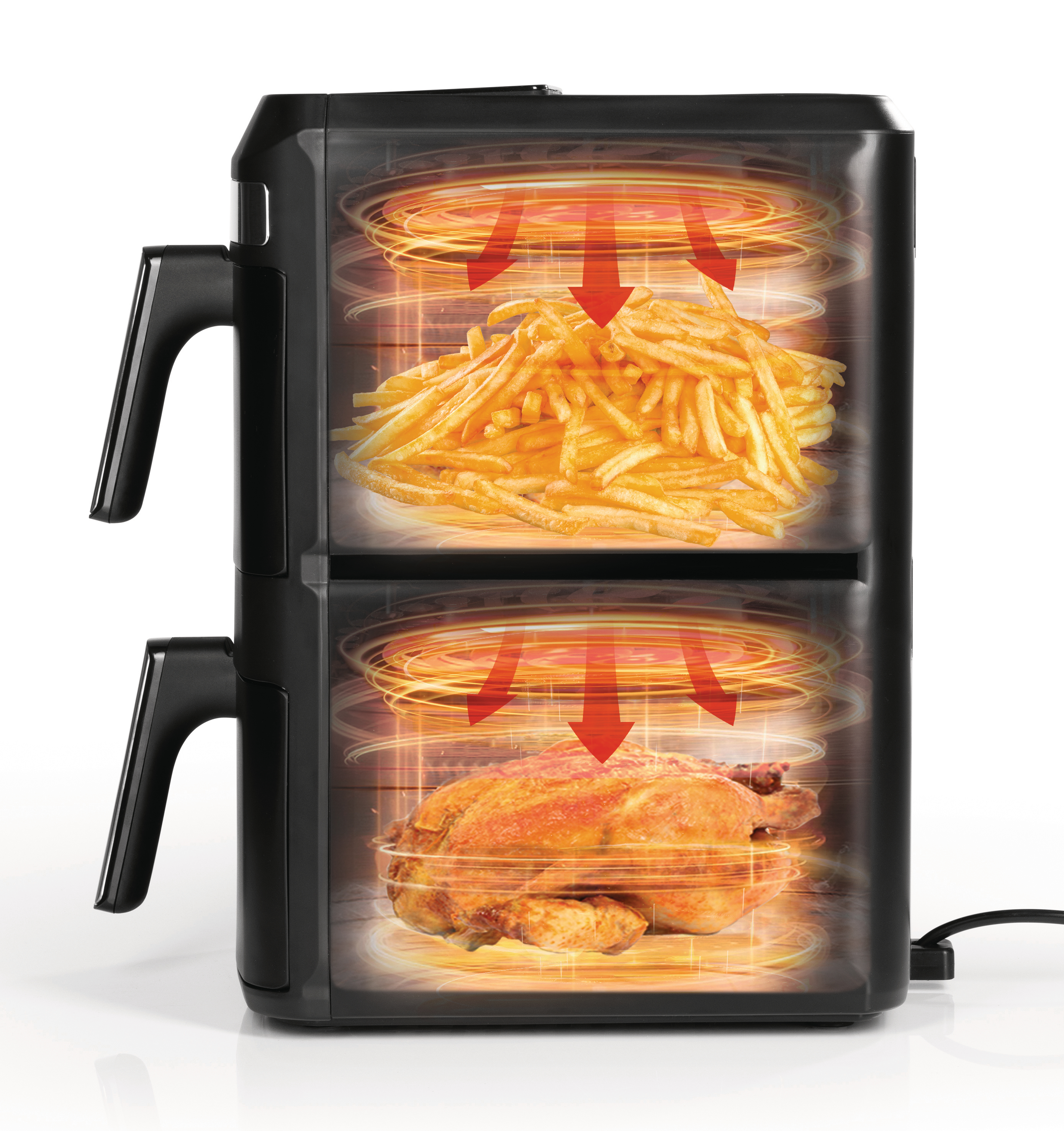 Ein Luftfritteuse zeigt Pommes und Hähnchen. Pfeile zeigen die Luftzirkulation an. Schwarze Griffe und ein Netzkabel sind sichtbar.