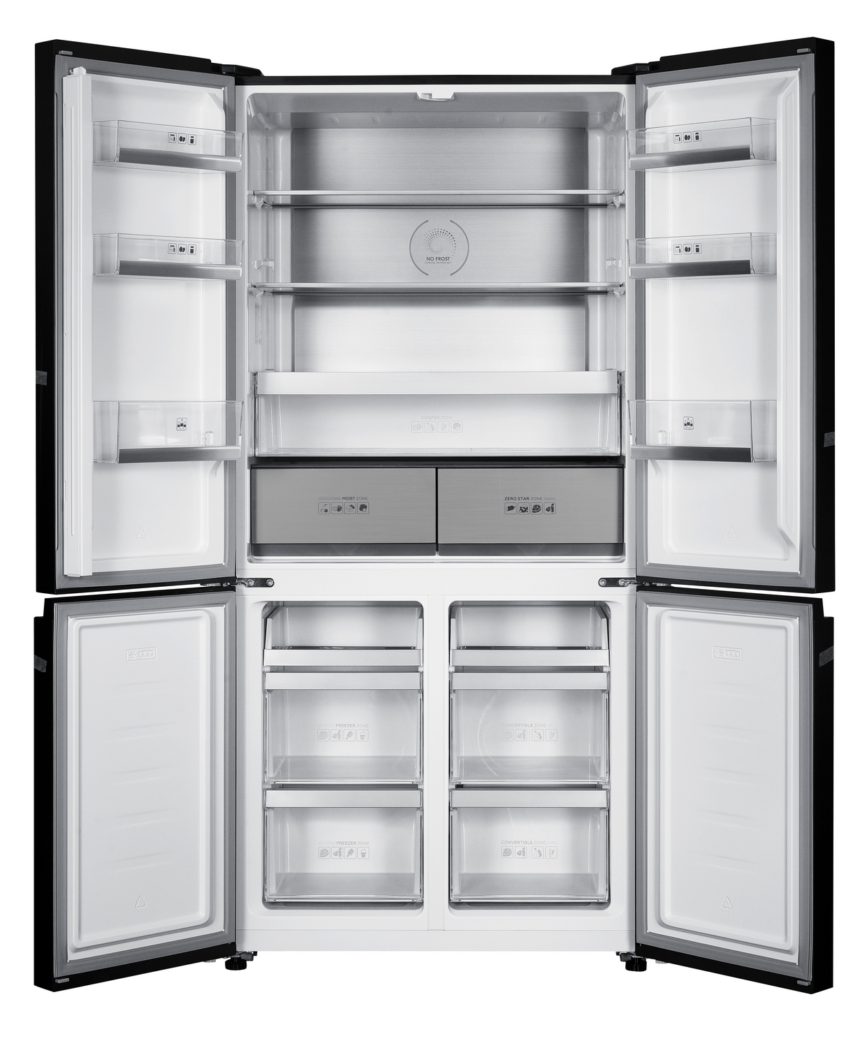 Un refrigerador negro con puertas abiertas, mostrando estantes, cajones y etiquetas como 'No Frost' y 'Freezer Zone'.